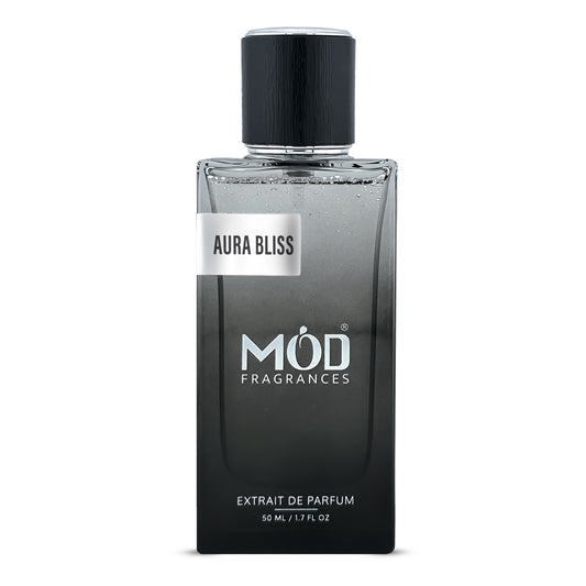 Inspired by Silver Mountain Water Black perfume bottle with 'Aura Bliss' and 'MOD Fragrances' branding on a white background