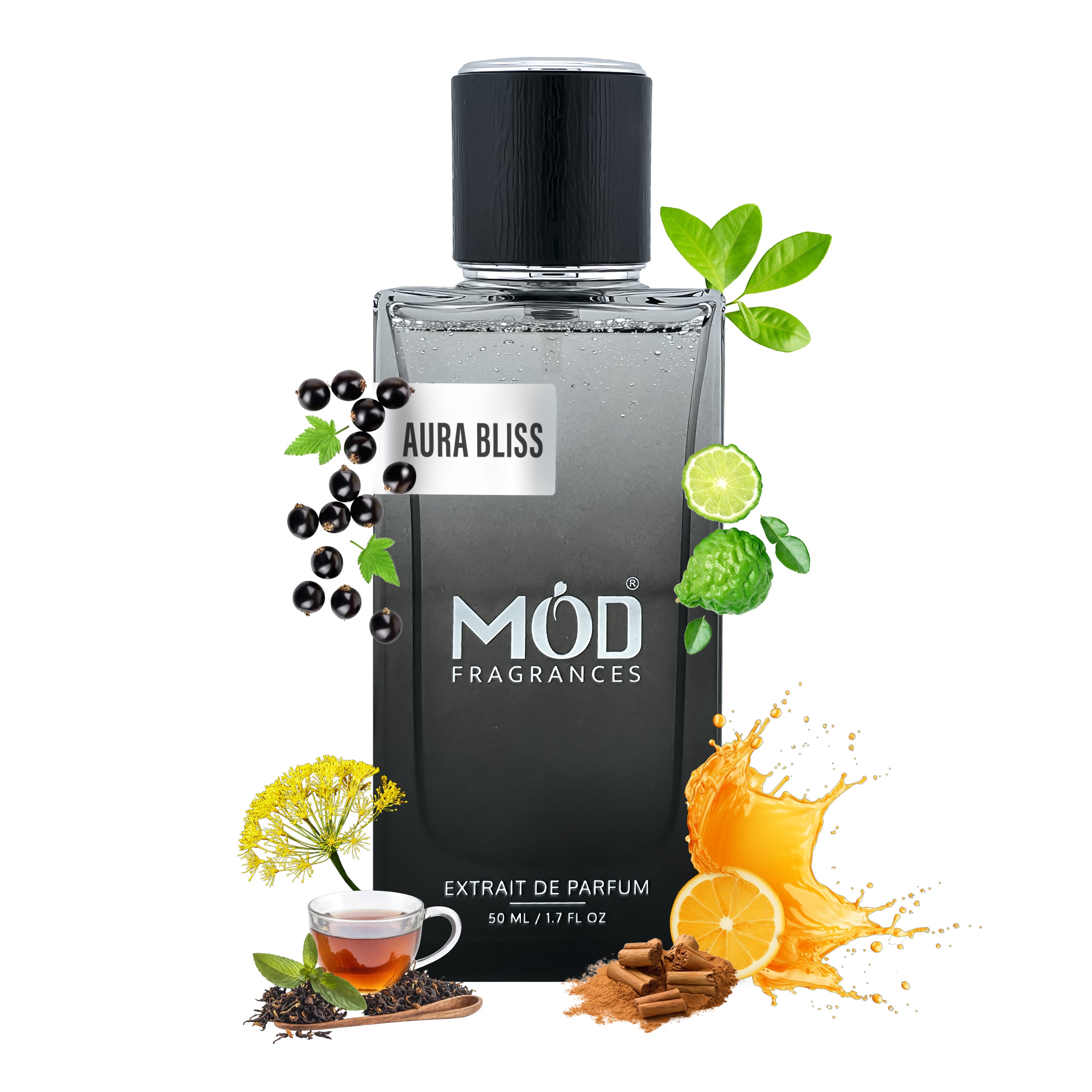 Inspired by Silver Mountain Water Mod Fragrances bottle with black cap and label, surrounded by tea cup, orange, and leaves on a white background