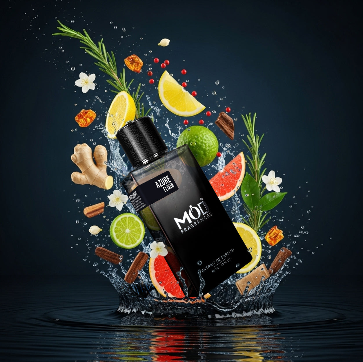 Black perfume bottle with fruits and herbs on a dark background