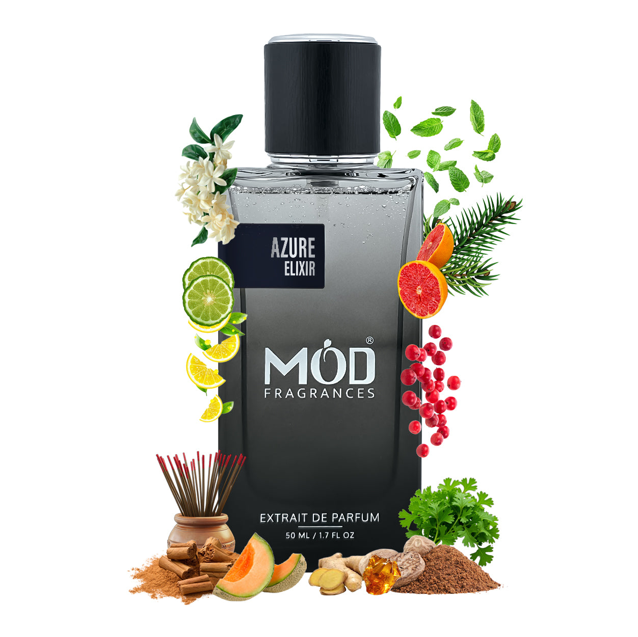 Mod Fragrances Azure Elixir perfume bottle with decorative elements on a white background