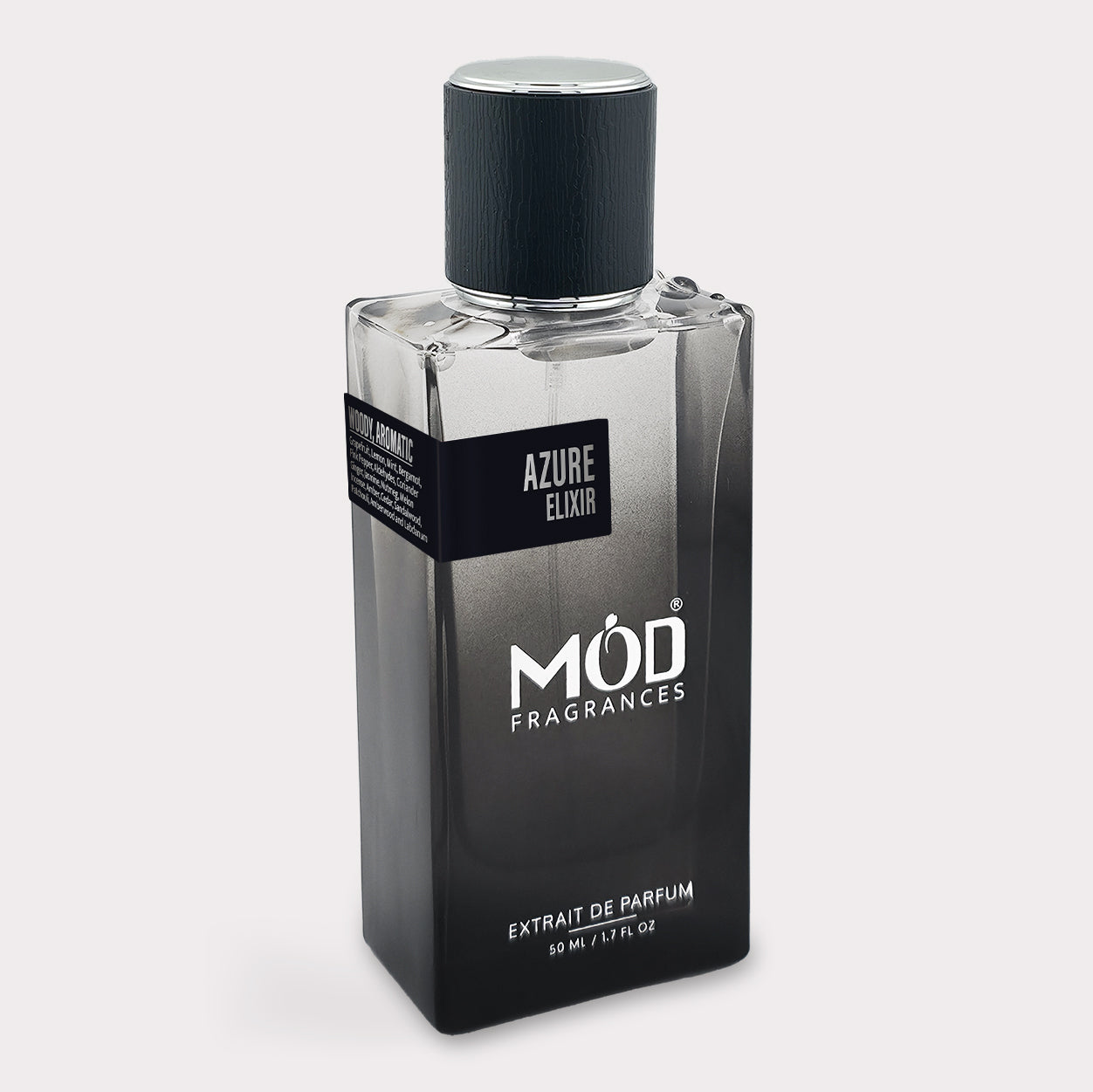 Perfume bottle labeled 'Azure Elixir' by 'MOD Fragrances' on a light gray background