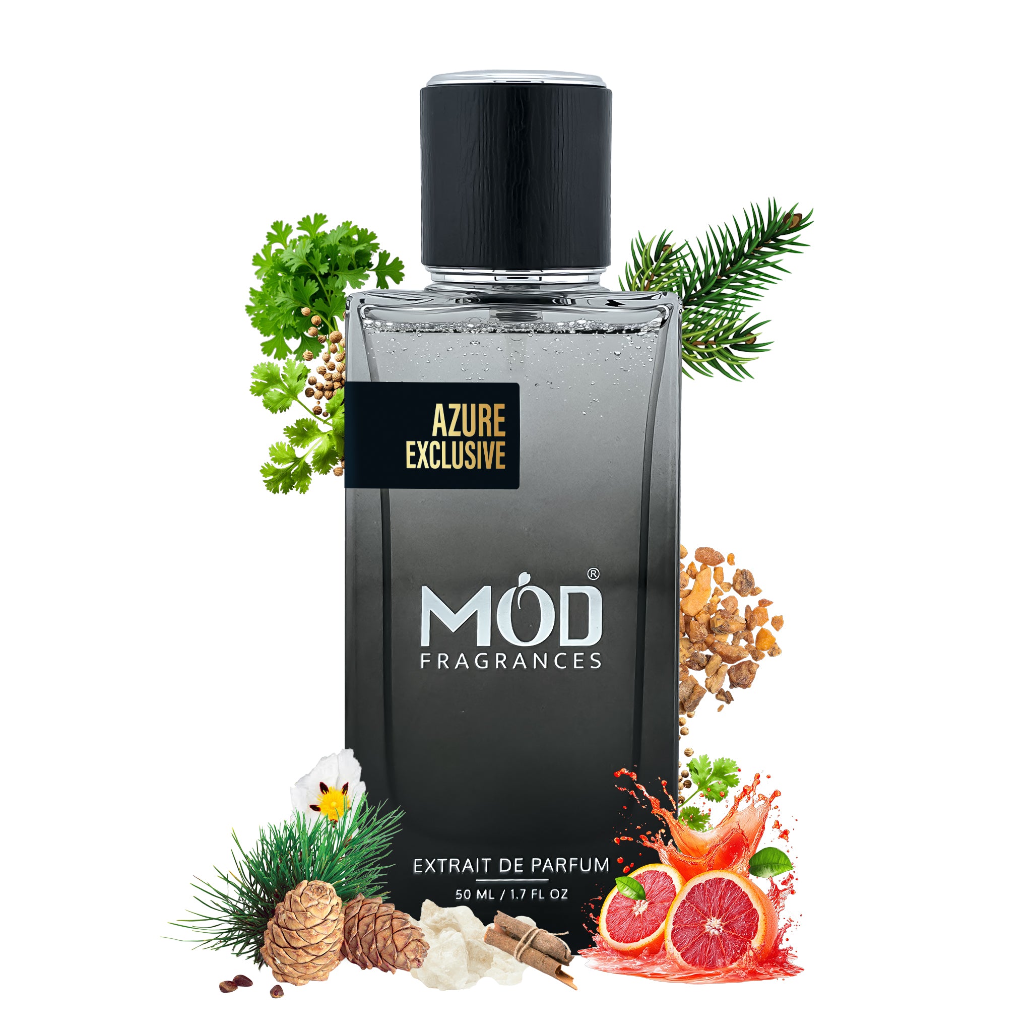 Inspired by L'Exclusif Perfume dupe Bleu De Perfume bottle labeled 'Azure Exclusive' by MOD Fragrances with decorative elements on a white background