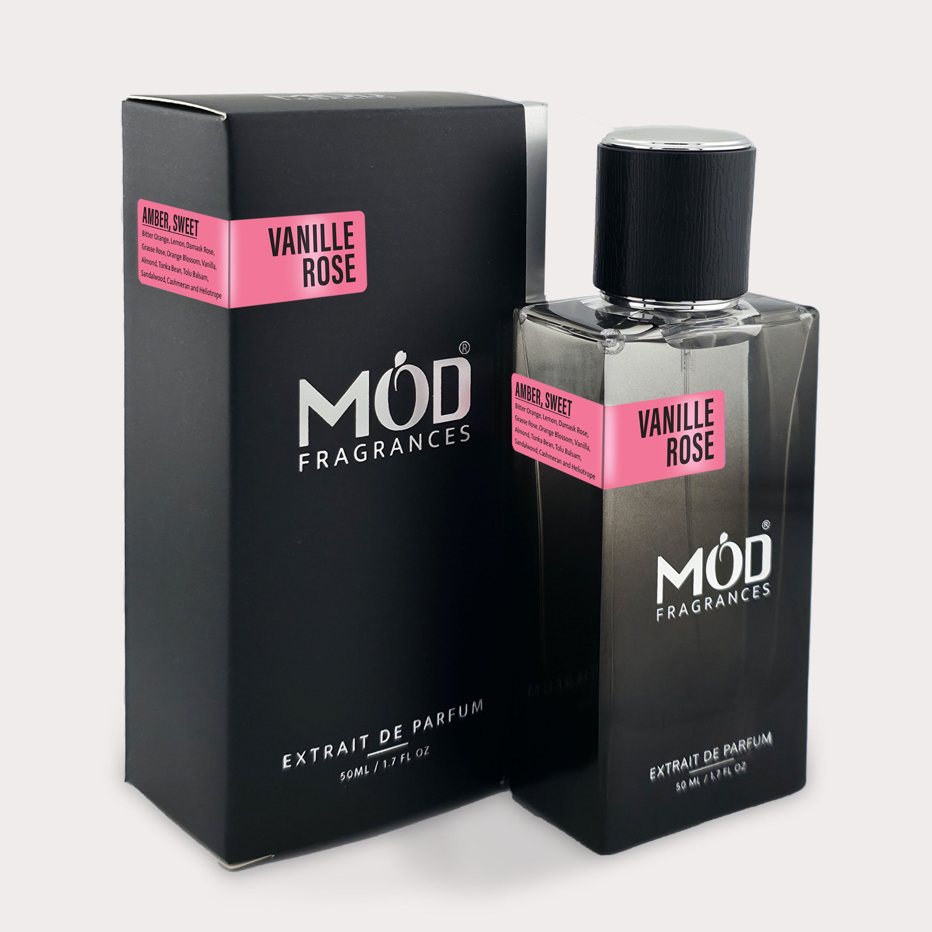 Möd Fragrances Vanille Rose perfume bottle and packaging on a white background Inspired by Poison Girl