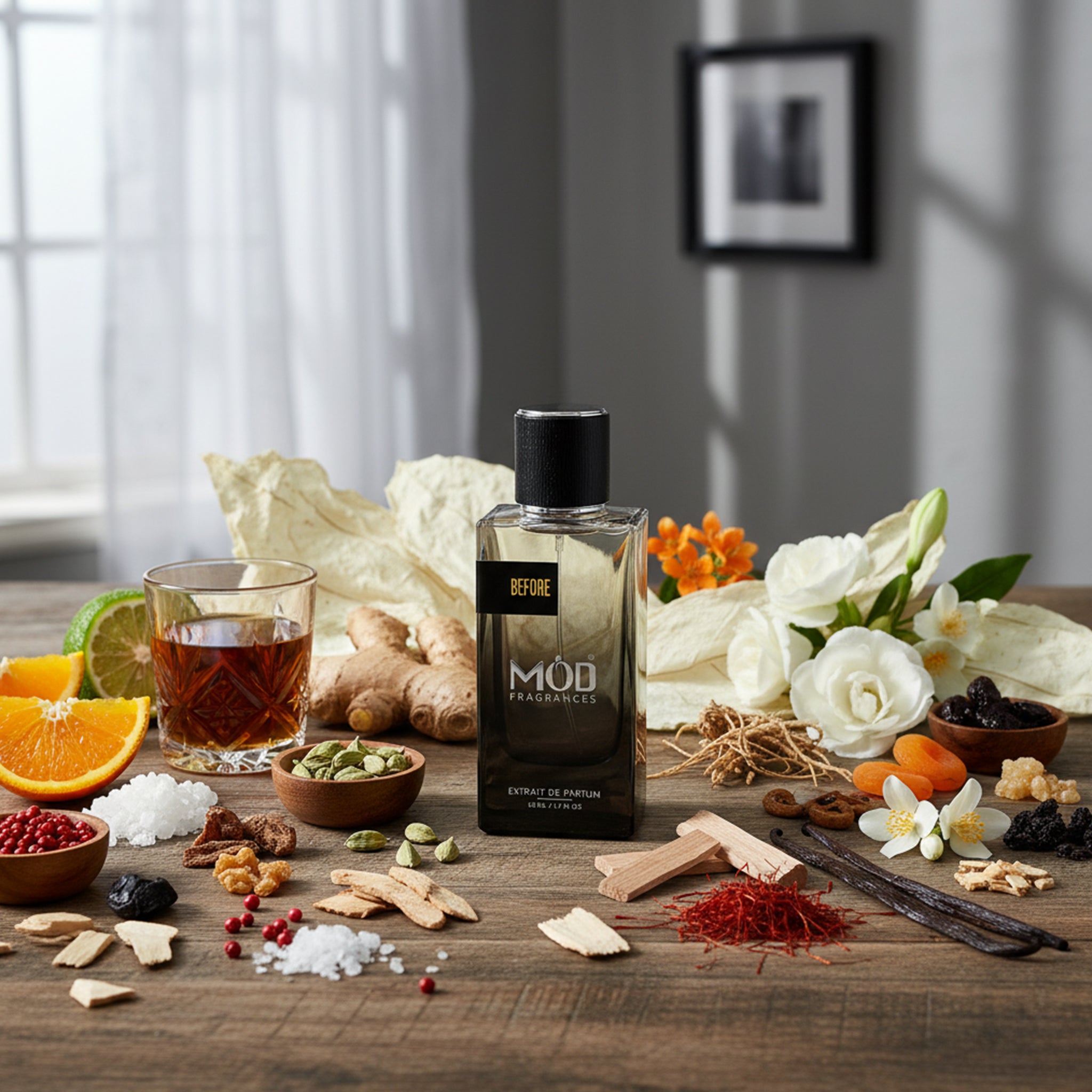 Molecule D perfume bottle on a wooden table with various ingredients and a glass of tea.