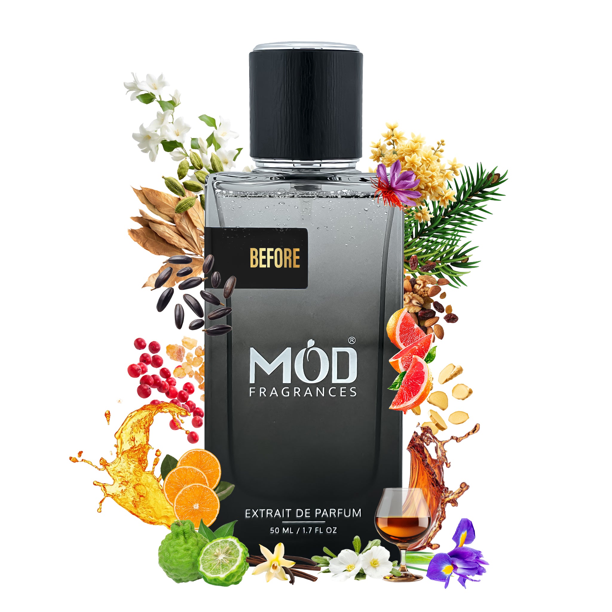 MOD Fragrances perfume bottle surrounded by floral and fruit elements on a white background