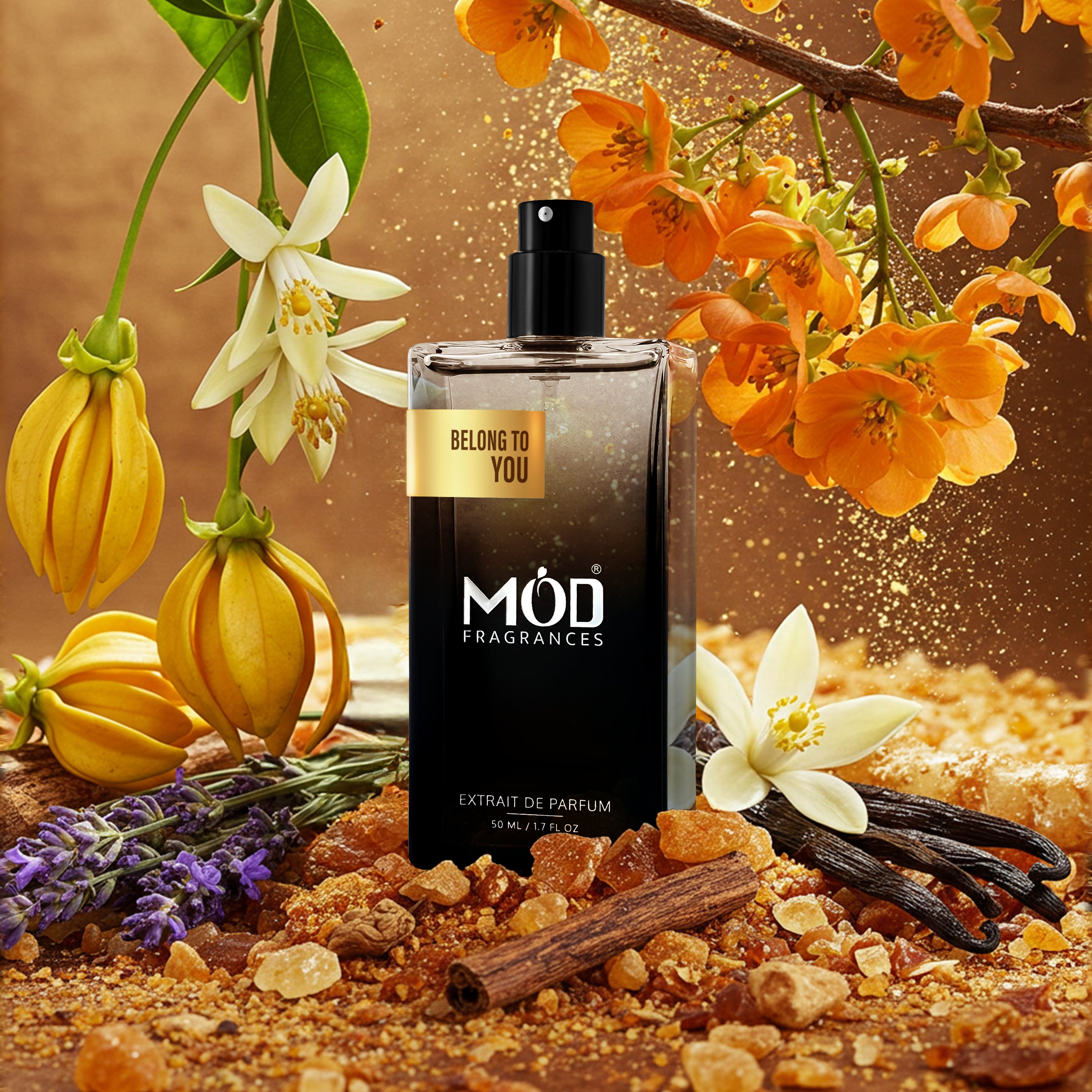 APOM dupe Möd Fragrances perfume bottle with flowers and spices on a brown background