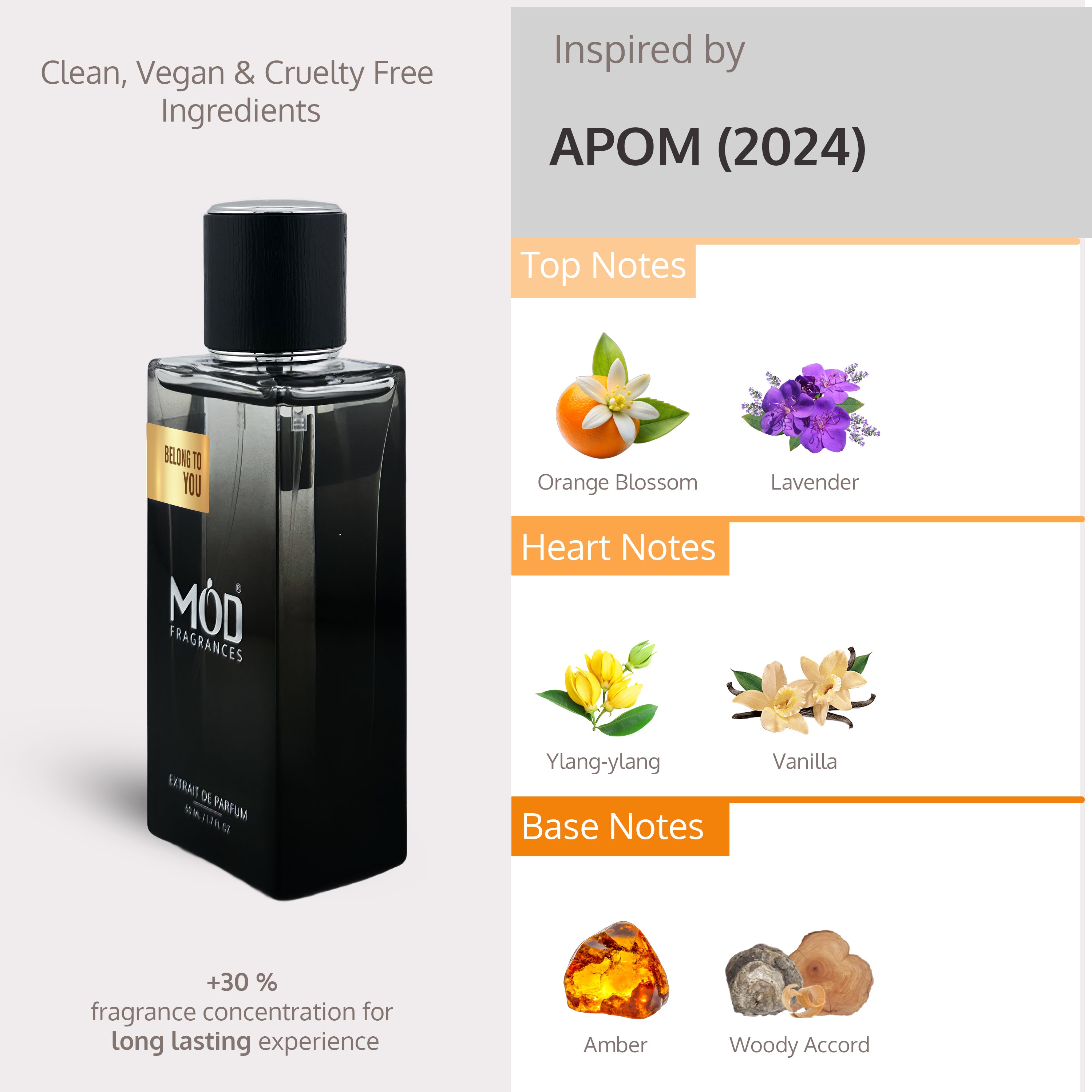 APOM dupe Perfume bottle with flavor notes displayed on a gray background