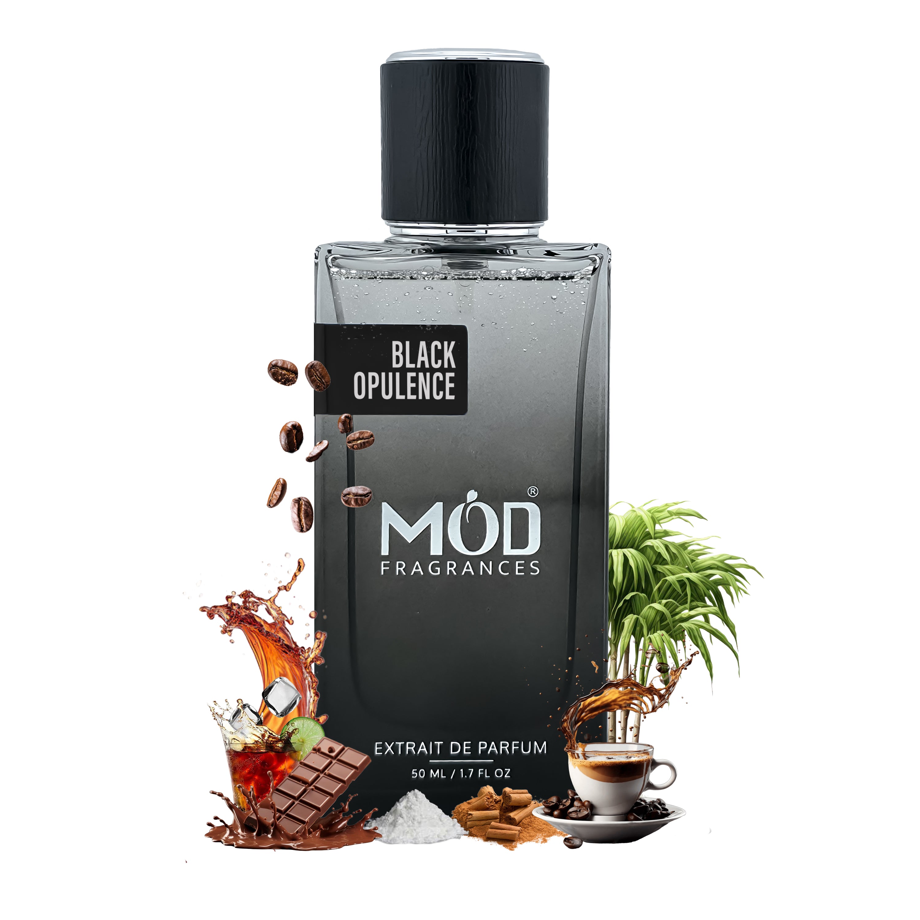 Black Opulence perfume bottle by Möd Fragrances with sensory elements on a white background Inspired by Black Phantom