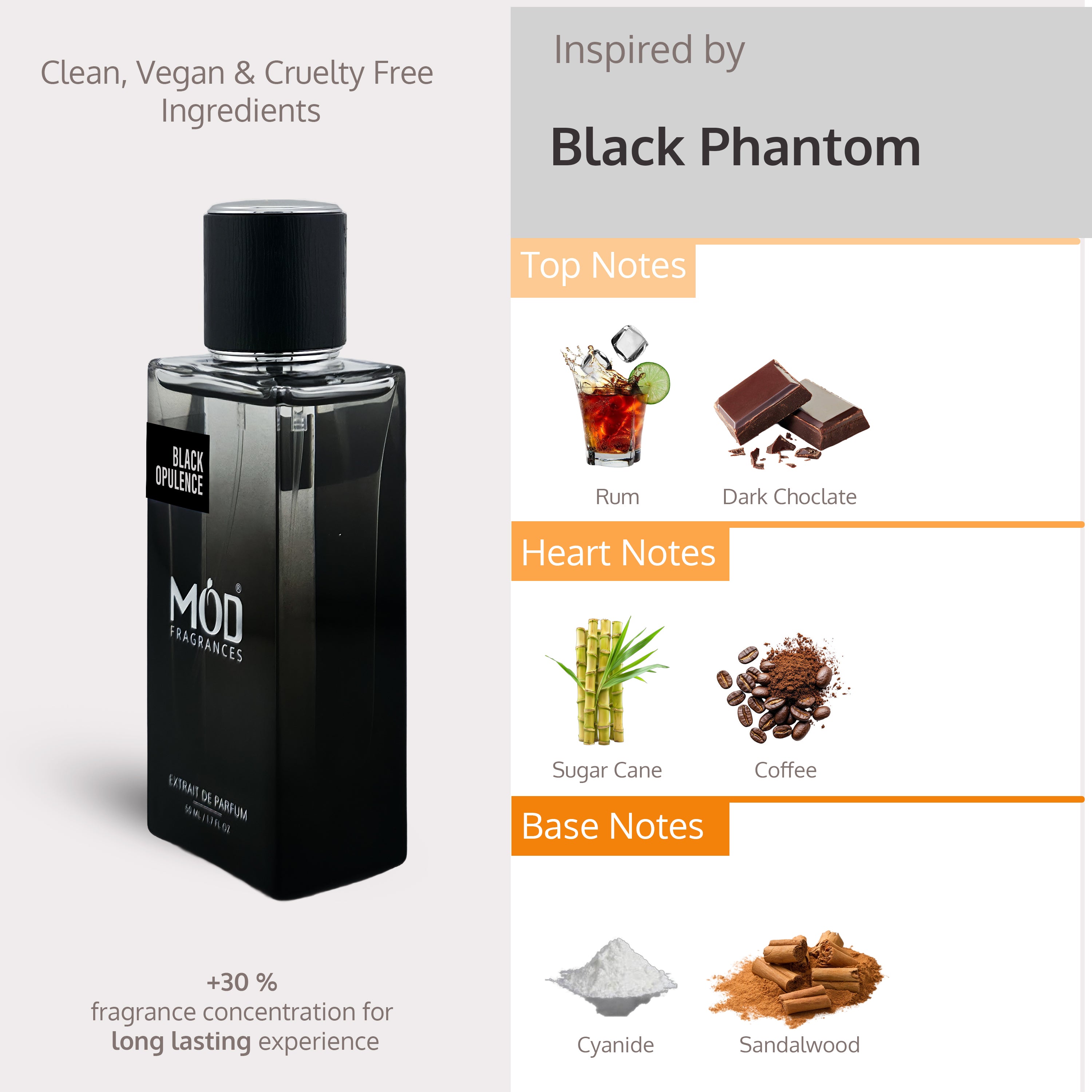 Black perfume bottle with product details on a white background Inspired by Black Phantom