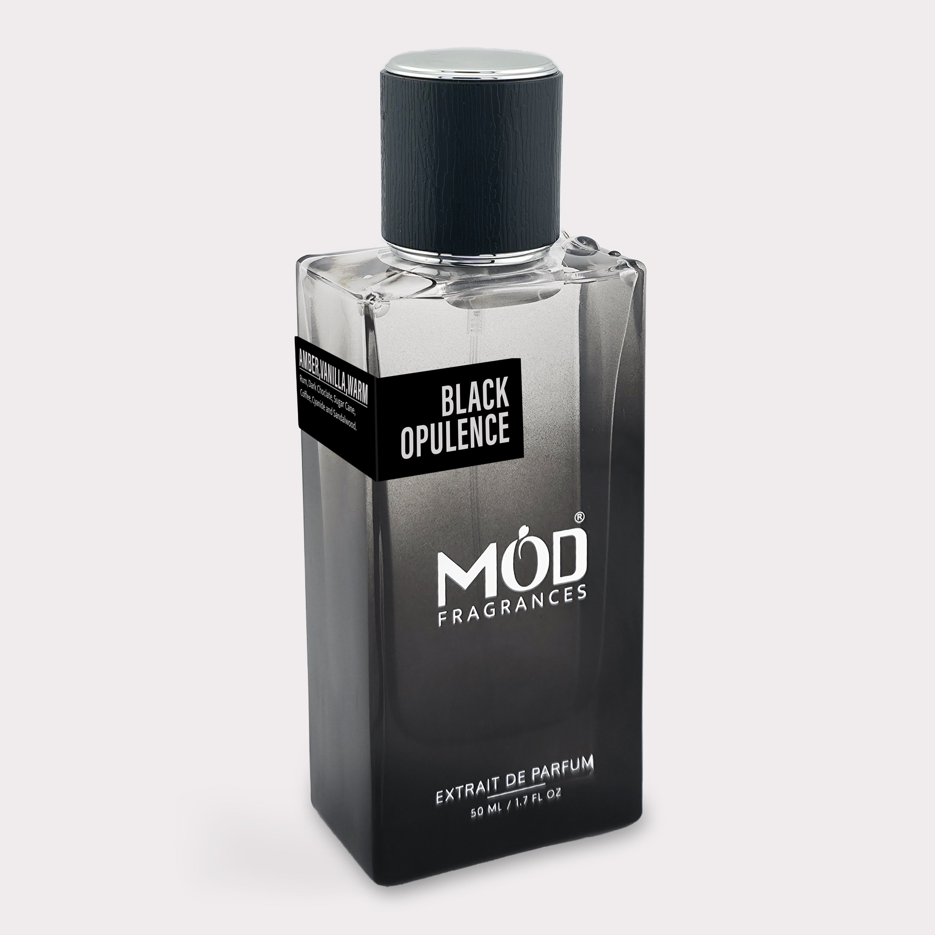 Perfume bottle labeled 'Black Opulence' by MOD Fragrances on a white background Inspired by Black Phantom