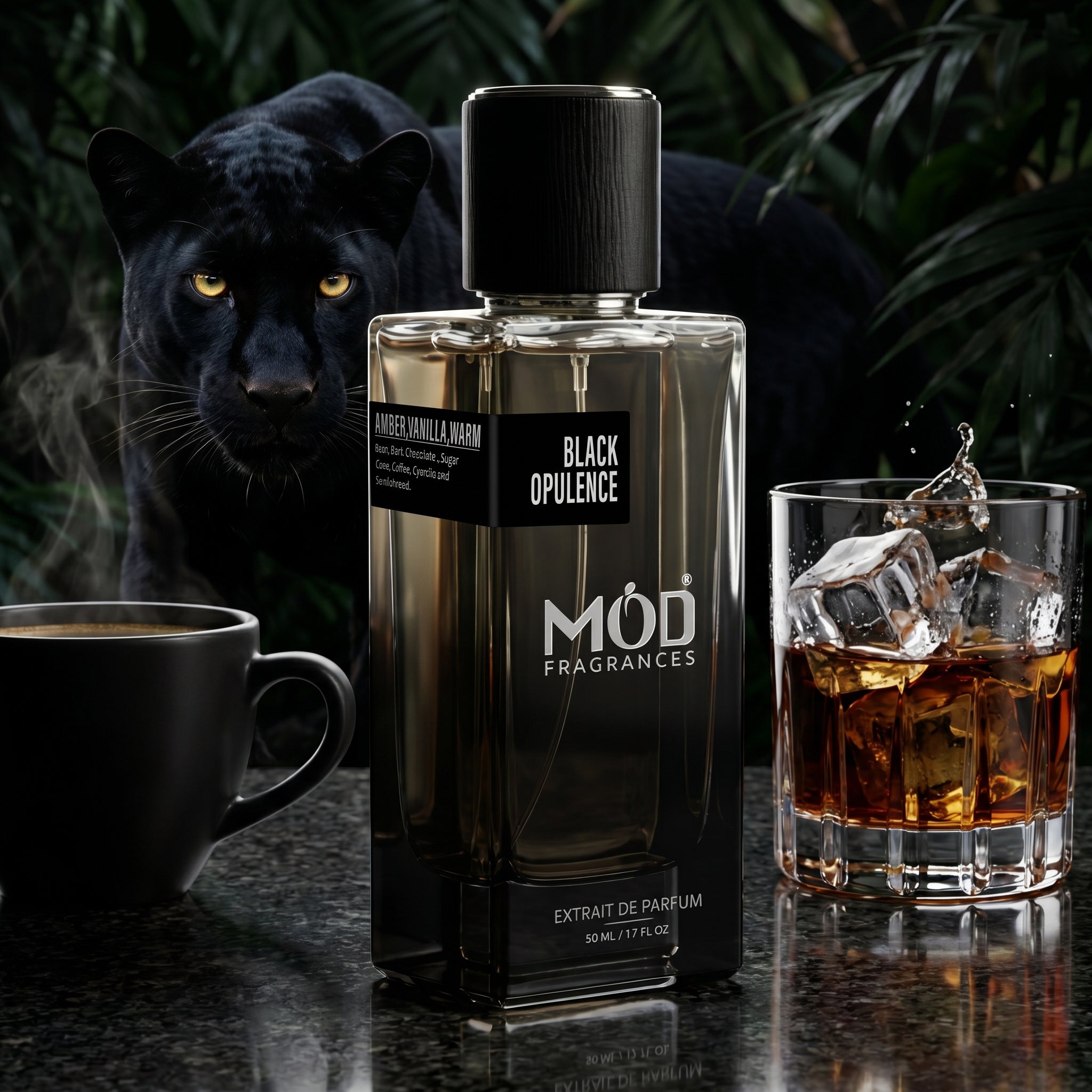 A rectangular glass perfume bottle by MOD Fragrances, labeled "Black Opulence", a black coffee cup with smoke and a rum glass with ice cube in it with rum splash. in the background black panther is staring at perfume bottle, is placed on black stained marble.