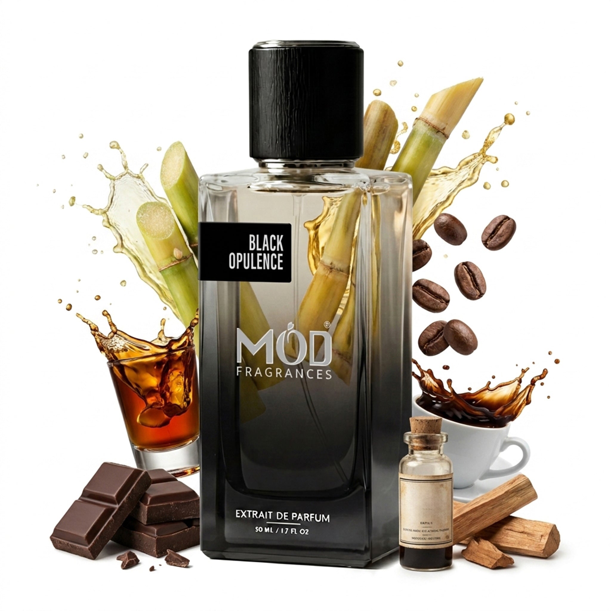 A glass perfume bottle by MOD Fragrances, labeled "Black Opulence" is surrounded by a vibrant artistic arrangement of its fragrance ingredients, including Rum, Dark chocolate, Sugar cane, Coffee, Cyanide, Sandalwood against a white background.