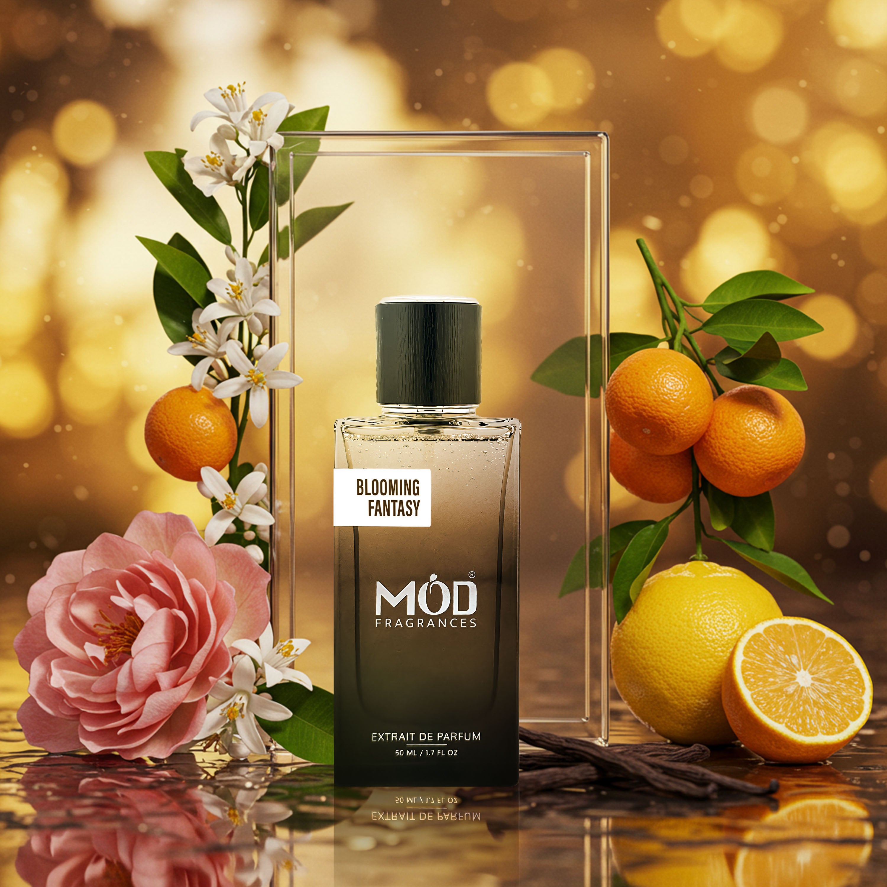 Jadore Dupe MOD Fragrances Blooming Fantasy perfume bottle with flowers and fruits on a reflective surface