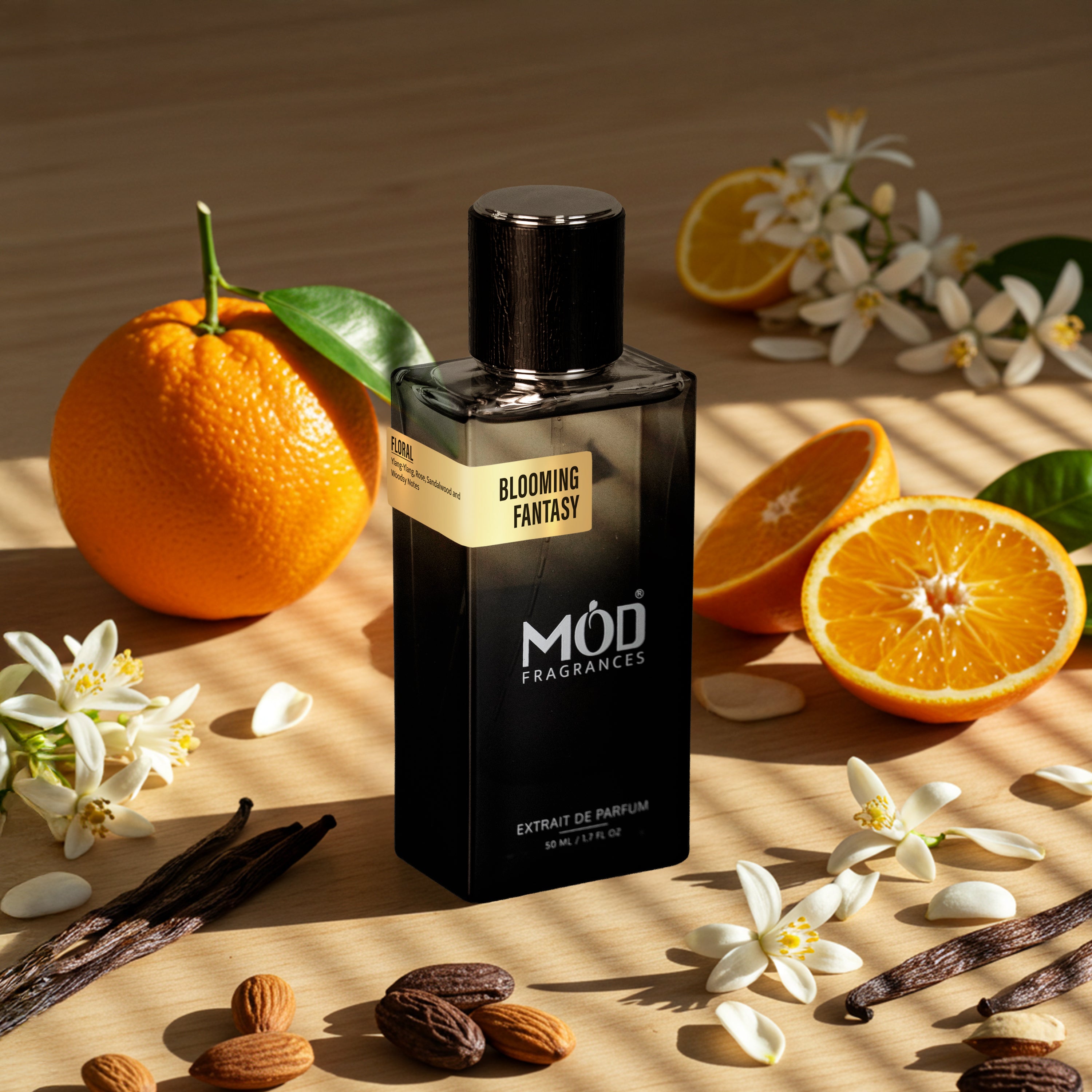 Blooming Fantasy by Mod Fragrances Inspired by J'Adoube Perfume Dupe Sitting on Table surrounded by orange, white floral elements