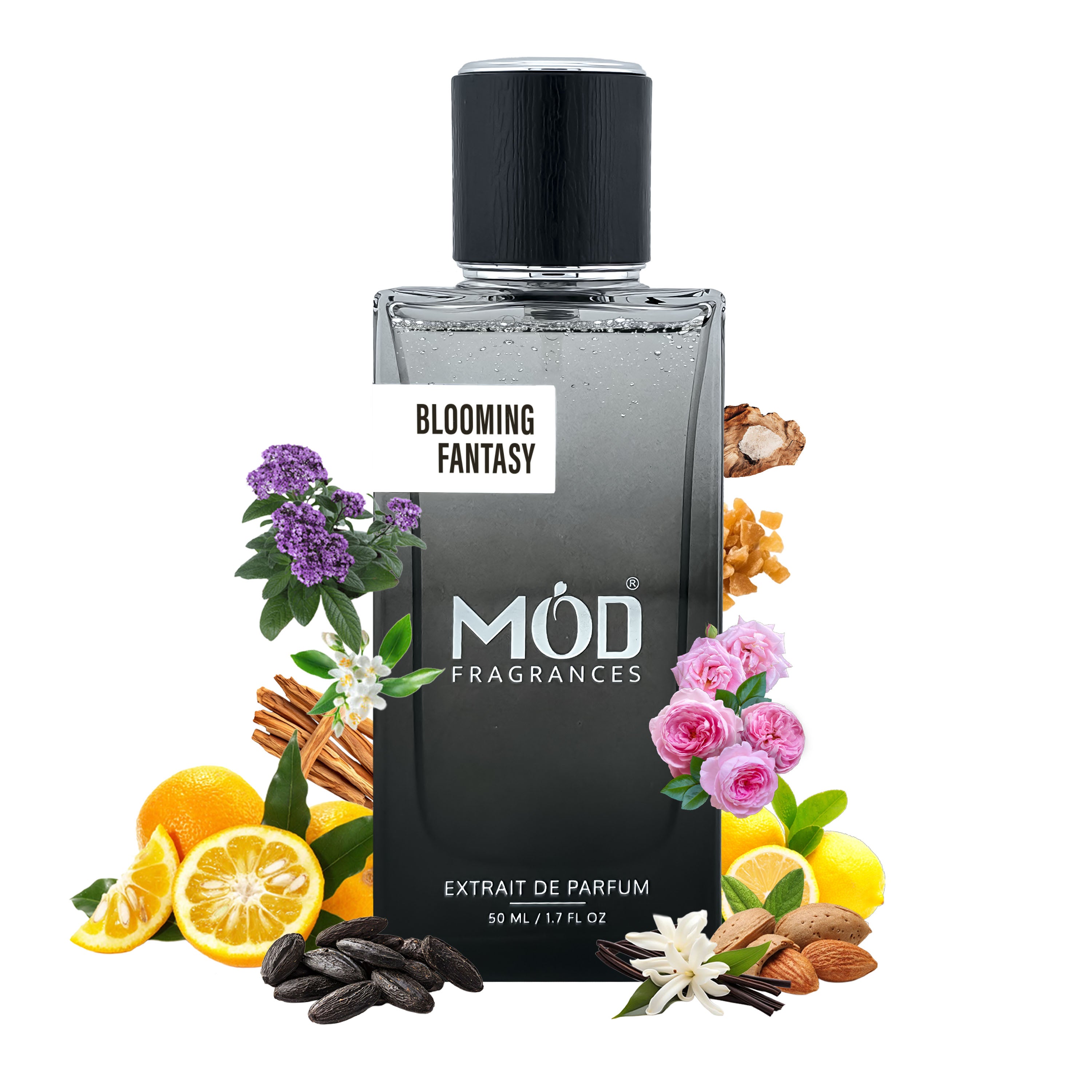 Jadore Dupe Möd Fragrances Blooming Fantasy perfume bottle with floral and fruit elements on a white background