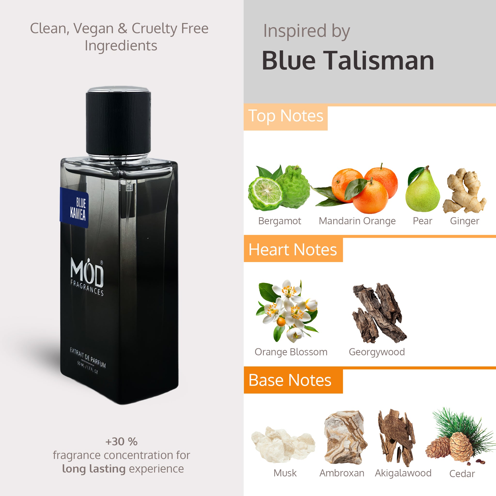 Perfume bottle with fragrance notes displayed on a gray background