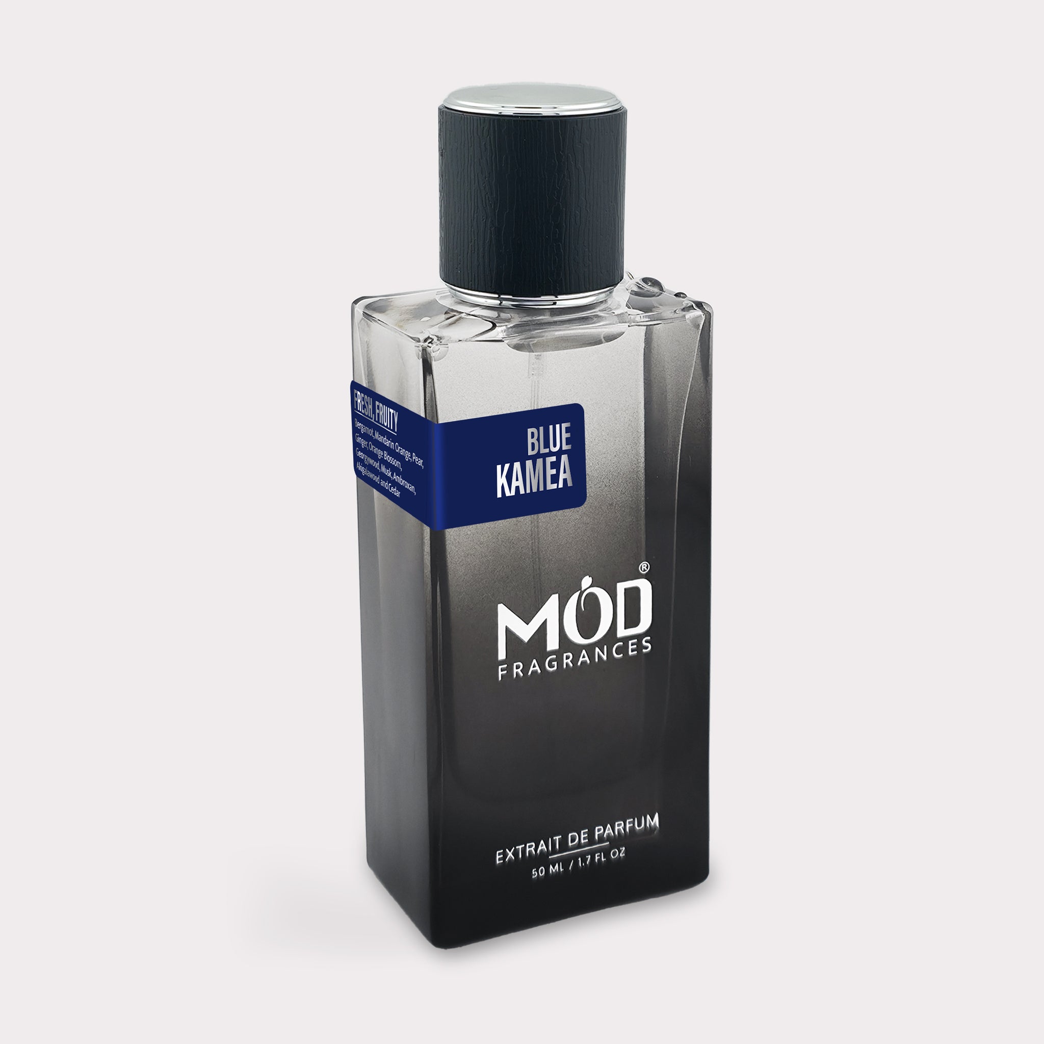 Perfume bottle labeled 'Blue Kamea' by 'MOD Fragrances' on a light gray background