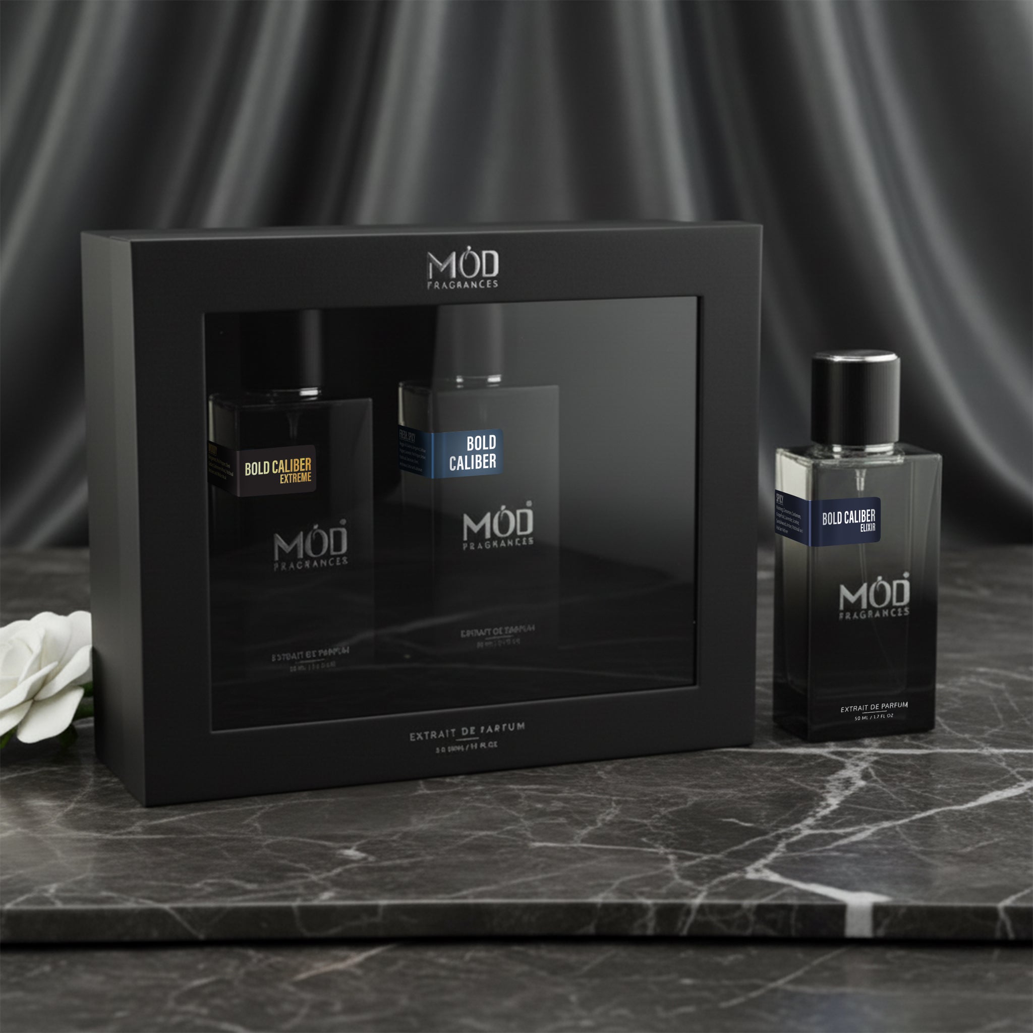 Inspired by Suavage Bundle Pack For Men Möd perfume set with bottles and packaging on a dark surface