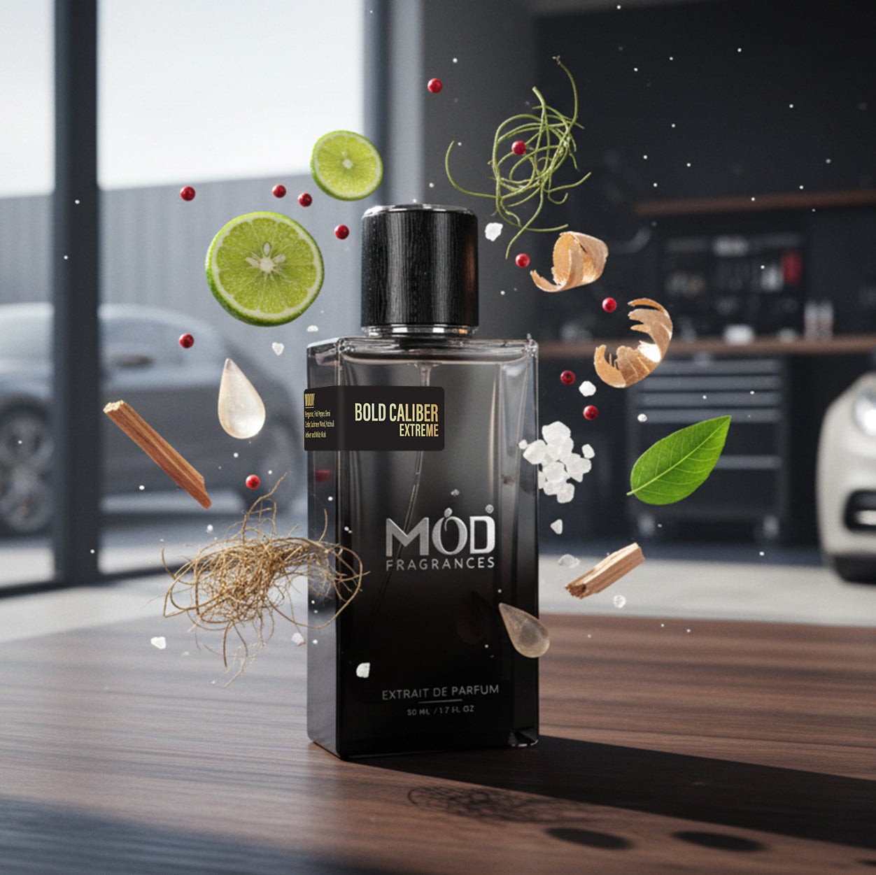 Inspire by Homme EDT Perfume bottle labeled 'MÜl Fragrances' with floating botanical elements on a blurred background.