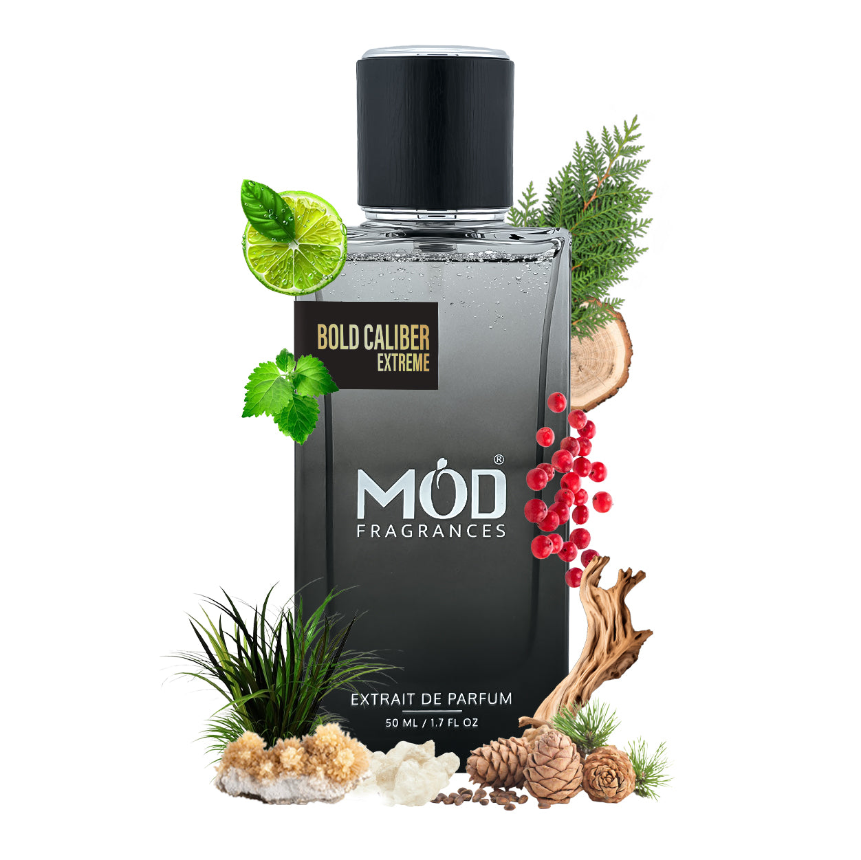 Inspire by Homme EDT MOD Fragrances Bold Caliber Extreme perfume bottle with natural elements on a white background