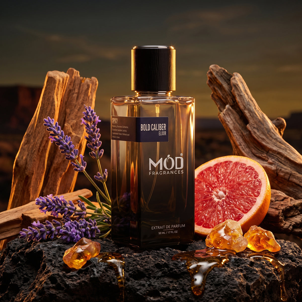 A rectangular glass perfume bottle by MOD Fragrances, labeled "Bold Caliber Elixir” is standing upright on black rugged natural rock, surrounded by its ingredients like Nutmeg, cinnamon, cardamom, grapefruit, lavender, licorice, sandalwood, amber, patchouli and Haitian vetiver. background is scene of excellent evening sunset, with dying light highlighting bottle and its ingredients.