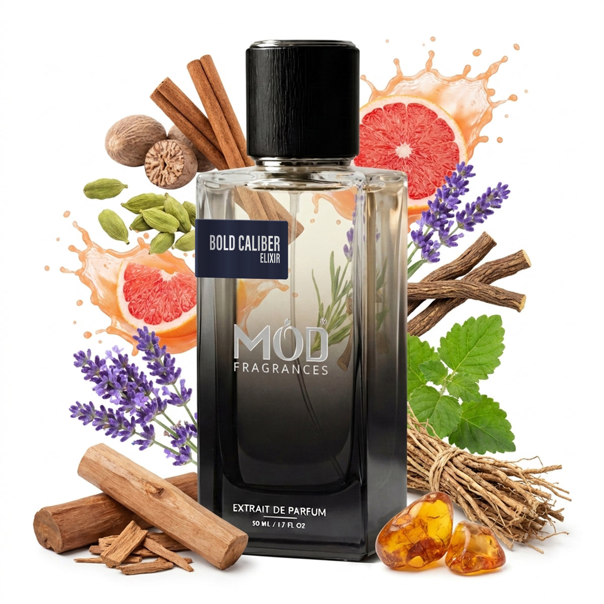 A glass perfume bottle by MOD Fragrances, labeled “Bold Caliber Elixir” is surrounded by a vibrant artistic arrangement of its fragrance ingredients, Nutmeg, cinnamon, cardamom, grapefruit, lavender, licorice, sandalwood, amber, patchouli and Haitian vetiver against a white background.