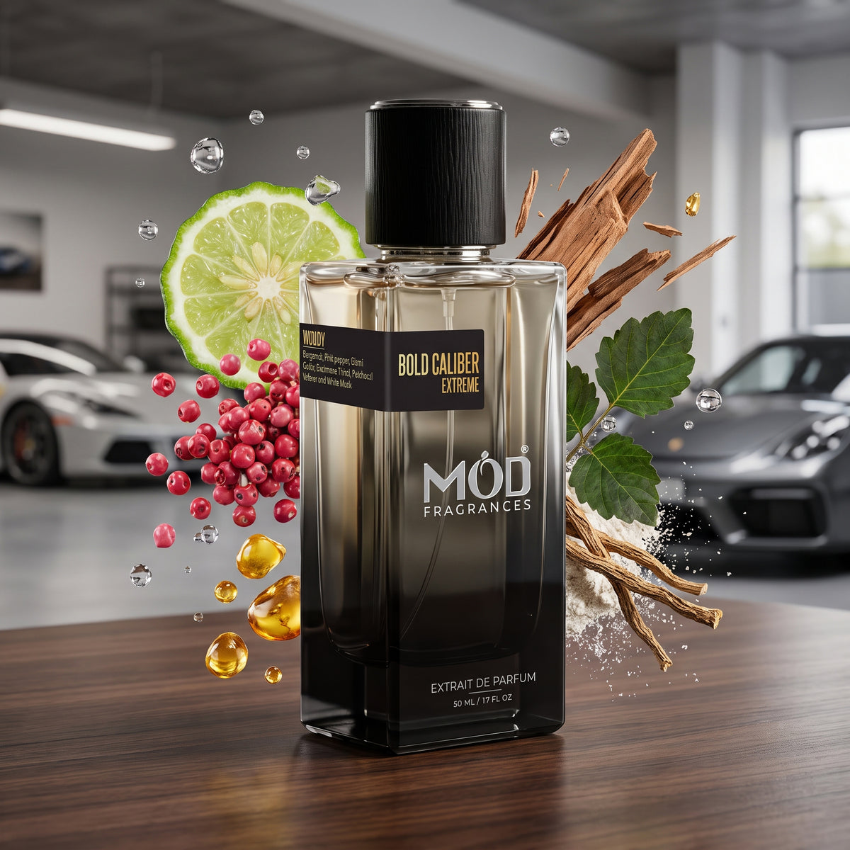 A rectangular glass perfume bottle by MOD Fragrances, labeled "Bold Caliber Extreme” is standing upright on wooden premium table top, surrounded by its ingredients frozen in time suspended mid air, like Bergamot, pink pepper, elemi, cedar, cashmere wood, patchouli, vetiver and white musk. In the background two luxury cars parked in luxury garage, looks like Porsche and Ferrari. light is clean and daylight, highlighting cars, bottle and its ingredients.