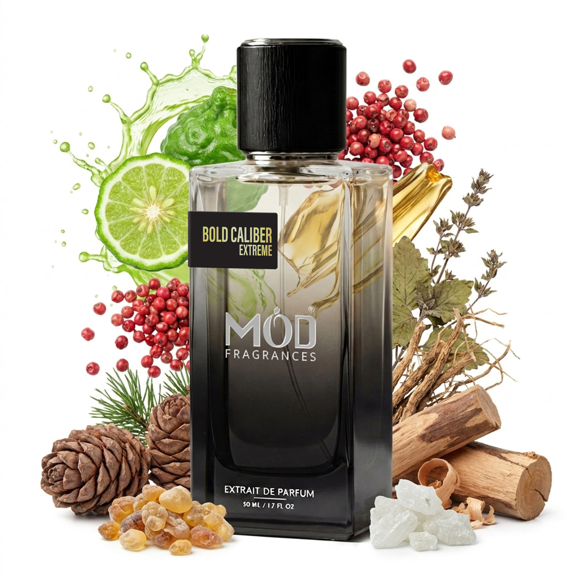 A glass perfume bottle by MOD Fragrances, labeled “Bold Caliber Extreme” is surrounded by a vibrant artistic arrangement of its fragrance ingredients, Bergamot, pink pepper, elemi, cedar, cashmere wood, patchouli, vetiver and white musk, against a white background.