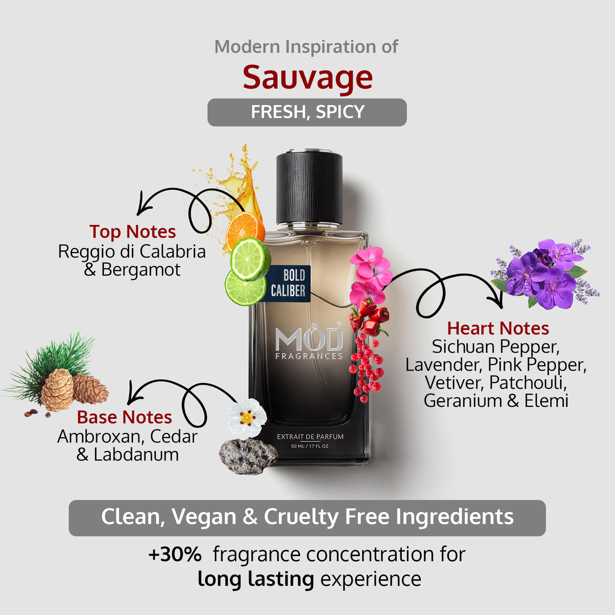An informational graphic for MOD Fragrances' "Bold Caliber” displays the bottle in the center, with arrows pointing to the top, heart, and base notes, listing ingredients like calabrian orange and its juice splash, bergamot and its juice splash,	Sichuan Pepper, Lavender, Pink Pepper, Vetiver, Patchouli, Geranium and elemi;	Ambroxan, Cedar and Labdanum, and highlighting its clean, vegan, and cruelty-free composition. Fresh-Spicy for Men inspired by Sauvage.