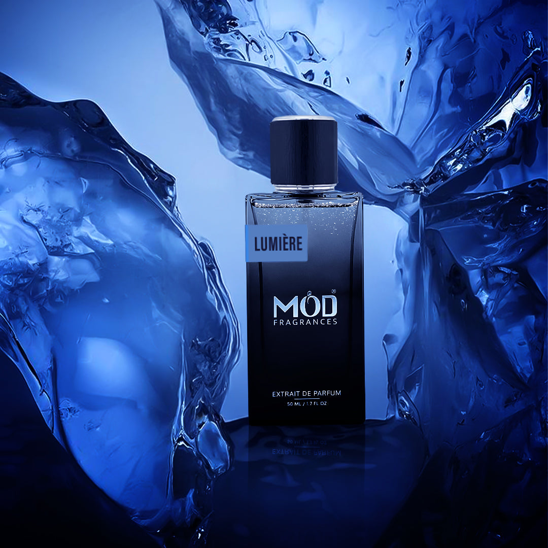Perfume bottle labeled 'MOD Fragrances' surrounded by ice cubes on a blue background