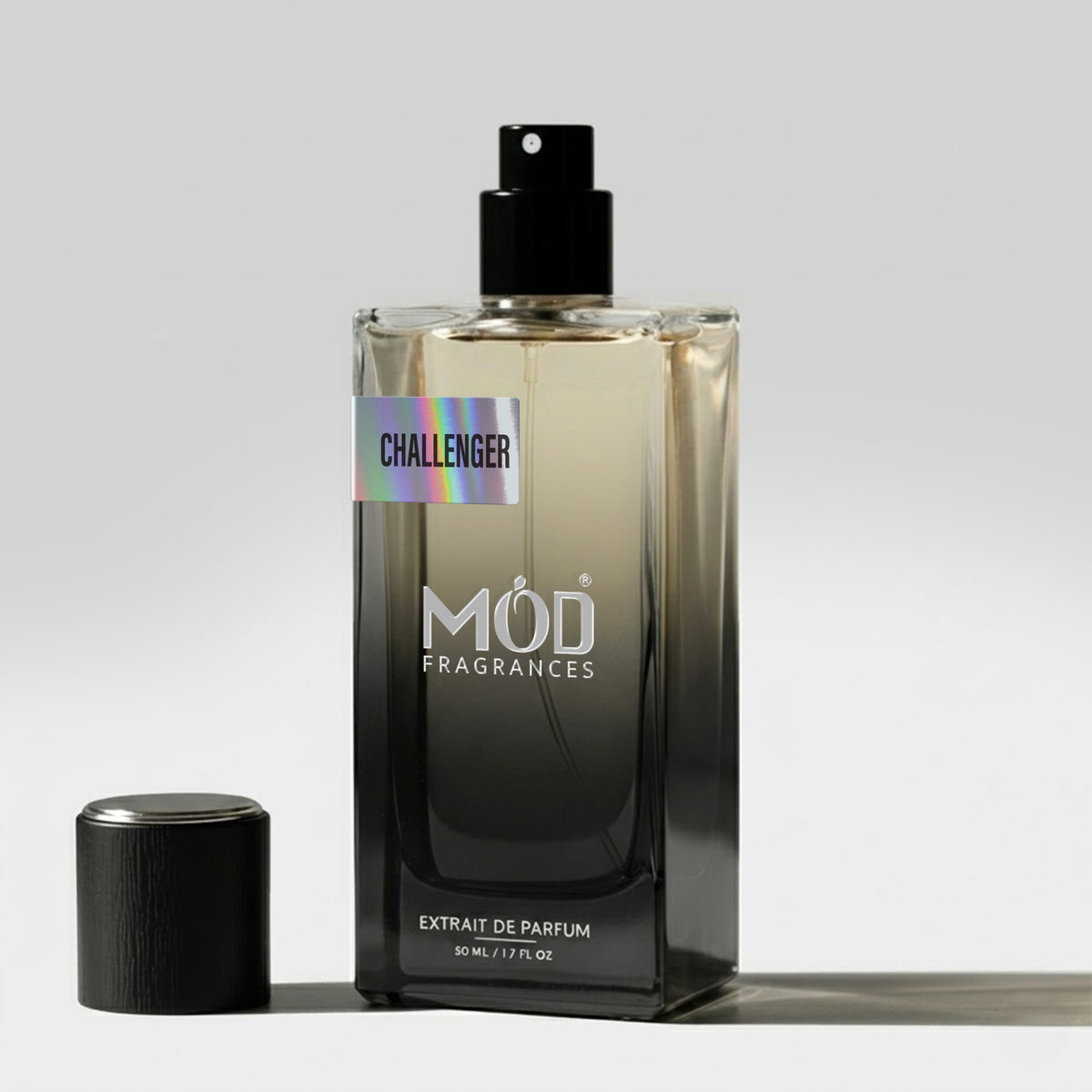Inspired by Castley Perfume dupe. A bottle of MOD Fragrances Challenger with Cap on Floor