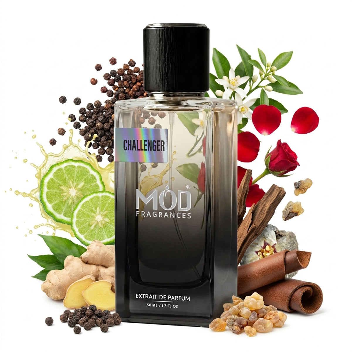Inspired by Castley Perfume dupe. A bottle of MOD Fragrances Challenge surrounded by perfume notes elements like bergamot, rose, black peppers