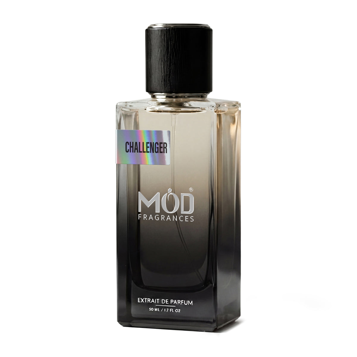 Inspired by Castley Perfume dupe. A bottle of MOD Fragrances Challenger Extrait de Parfum, featuring a dark gradient glass bottle with a black cap and a holographic silver label, set against a plain white background.
