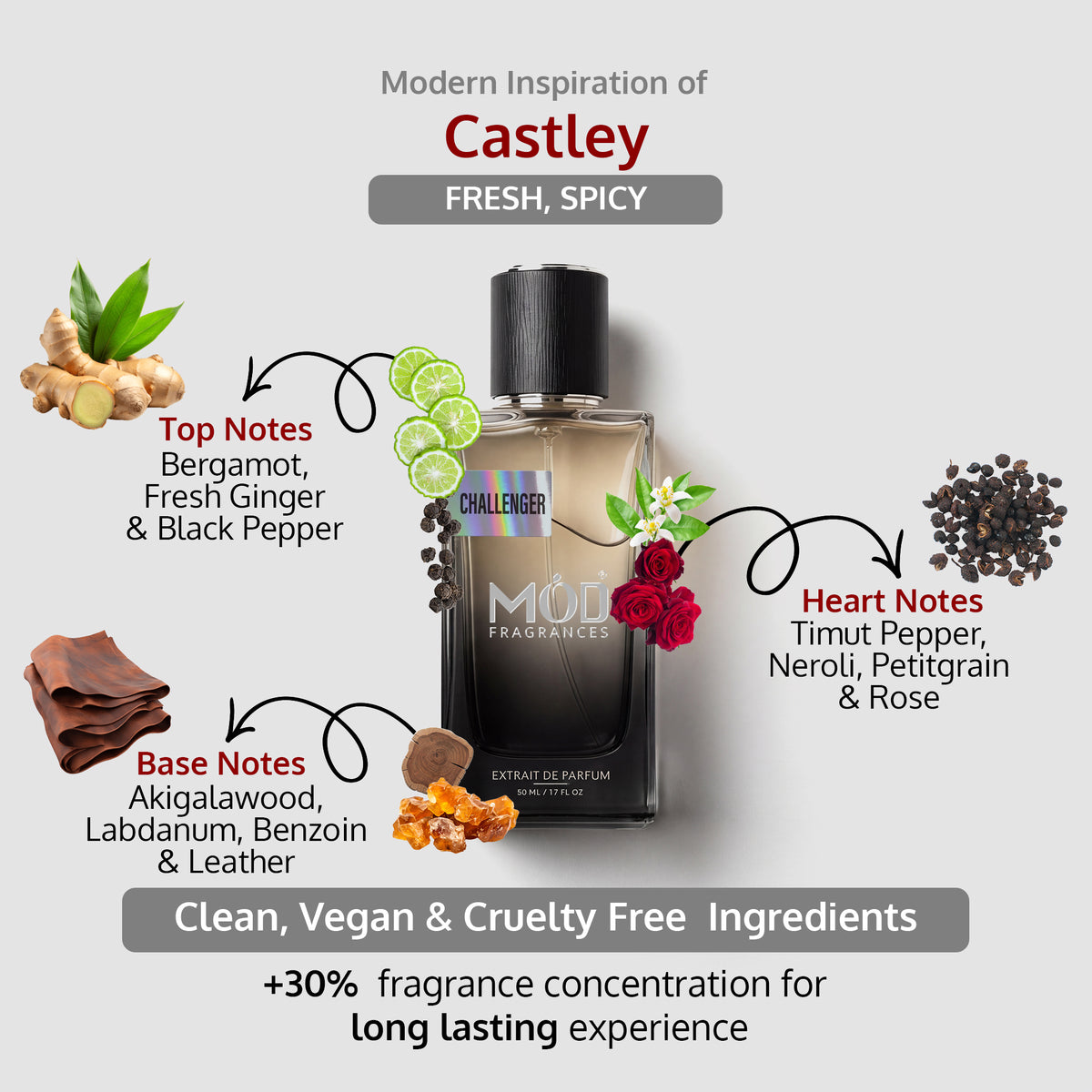 Inspired by Castley Fresh & Spicy fragrance bottle by Môd Fragrances, shown on a light gray background with labeled scent notes for top, heart, and base notes, plus text about clean vegan ingredients and increased fragrance concentration.