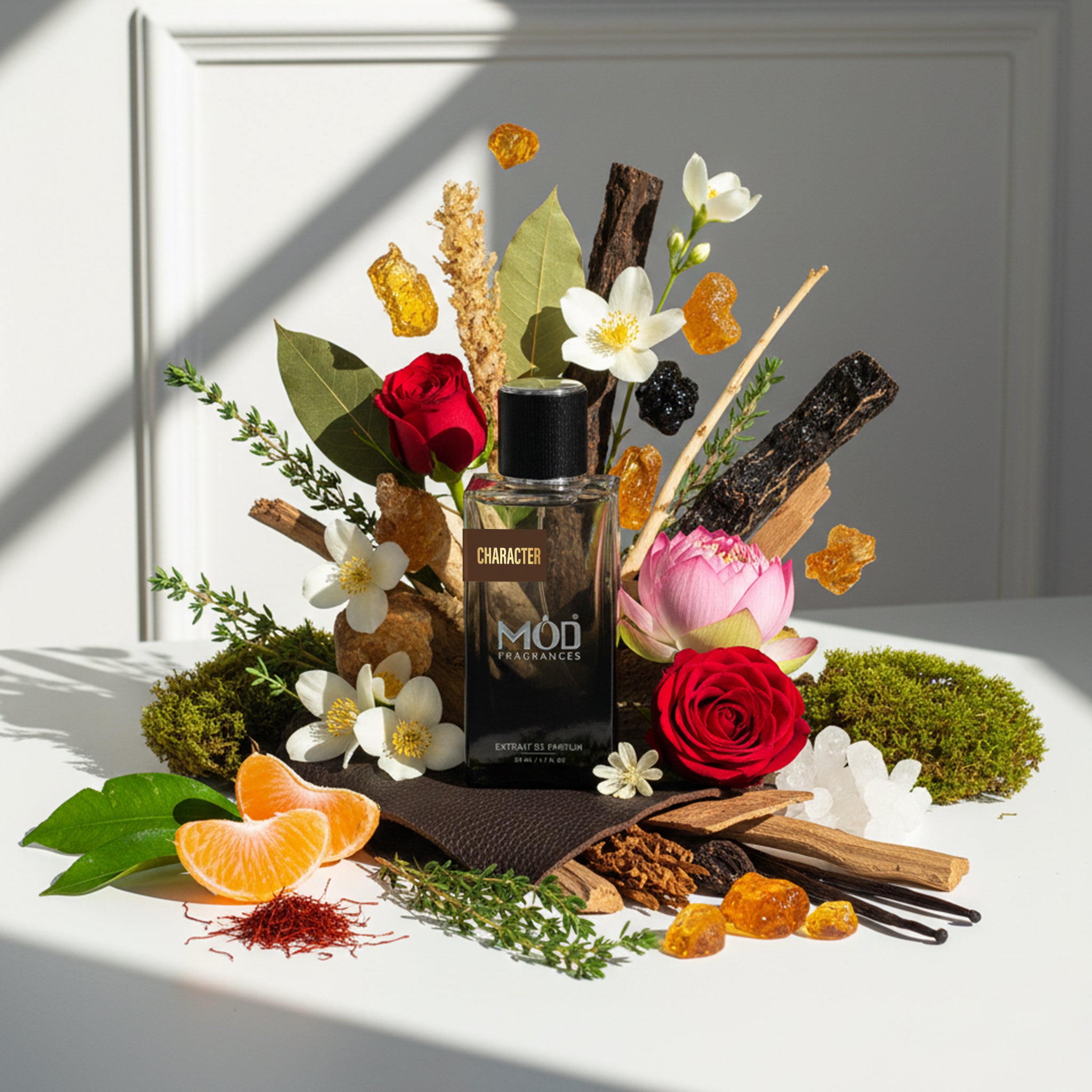 Mood Fragrances bottle surrounded by flowers, herbs, and spices on a white surface.