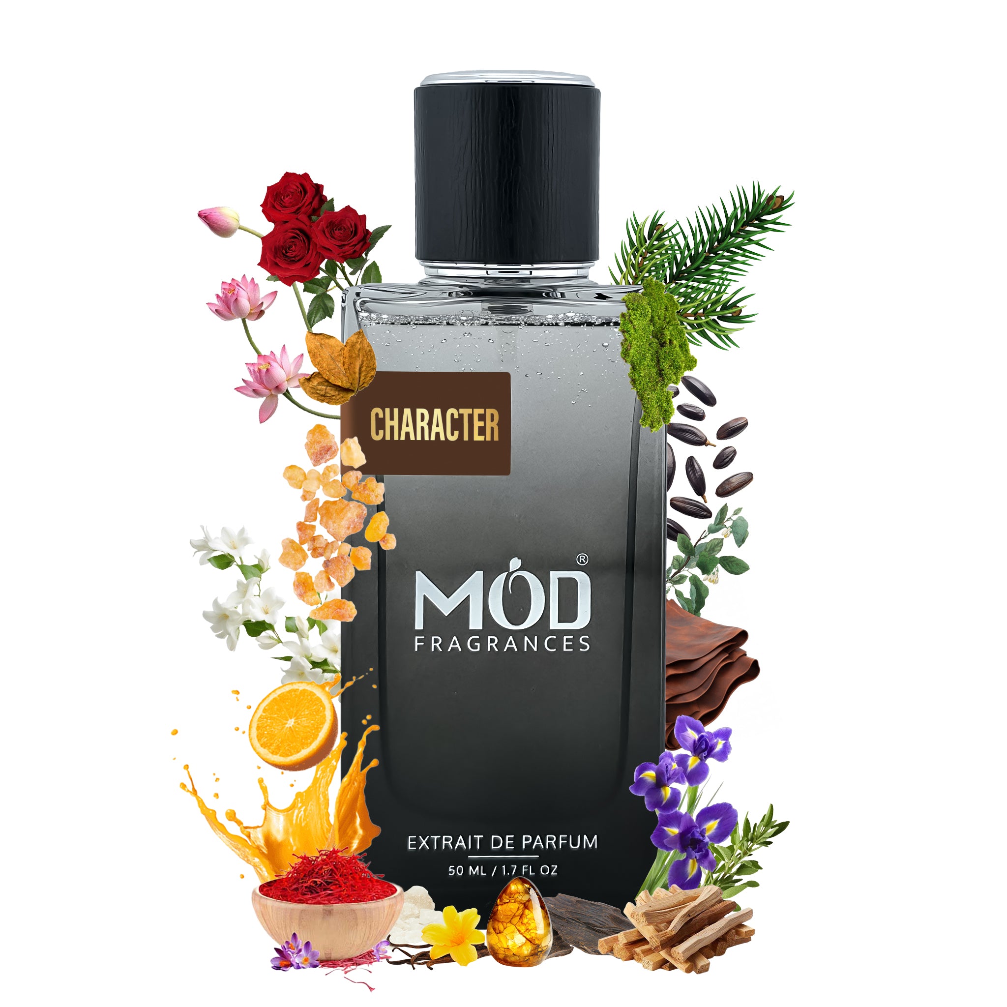 Möd Fragrances Character perfume bottle with floral and botanical elements on a white background