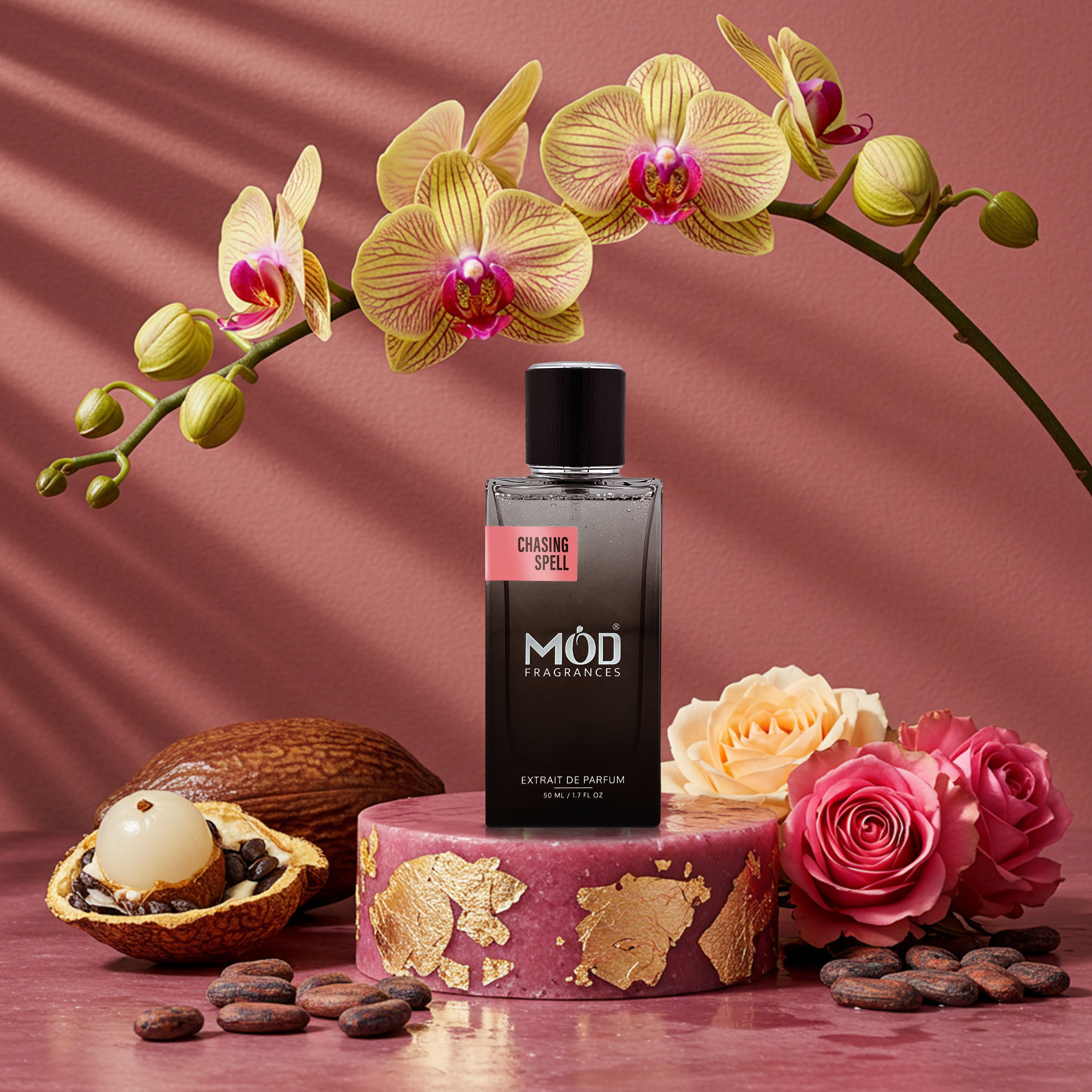 Möd Fragrances bottle with flowers and coconuts on a pink background