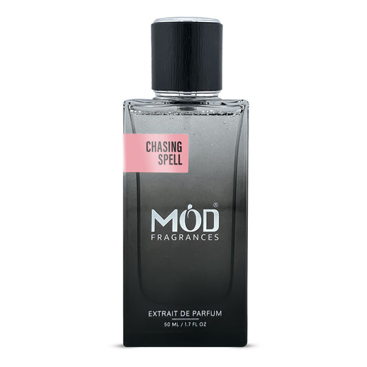 Perfume bottle labeled 'Chasing Spell' by MOD Fragrances on a white background
