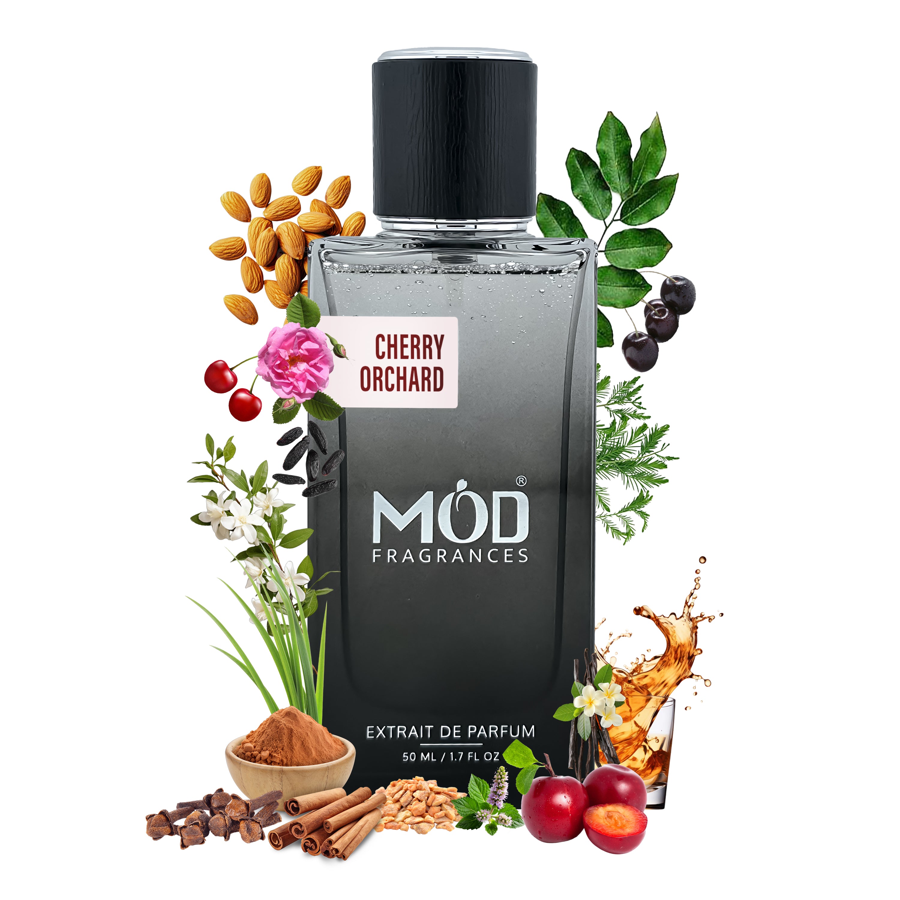 Perfume bottle labeled 'Cherry Orchard' by MOD Fragrances with natural elements around it.  Inspired by Tom Ford Lost Cherry