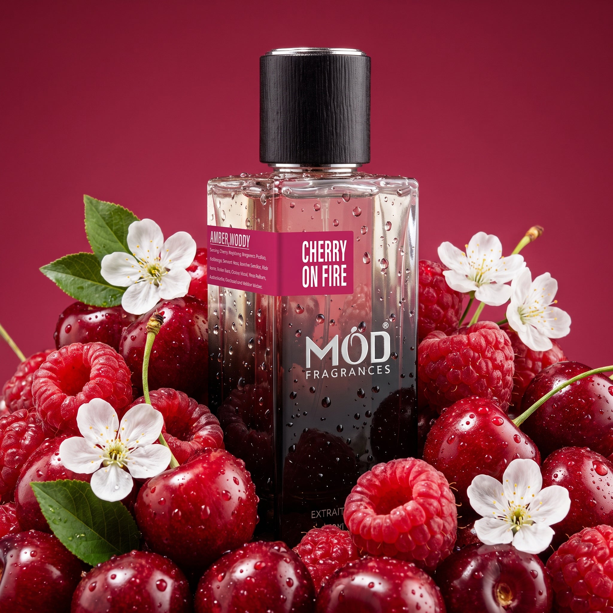 A rectangular glass perfume bottle by MOD Fragrances, labeled "Cherry on Fire" is placed on pile of red cherries and raspberries on crimson pink background