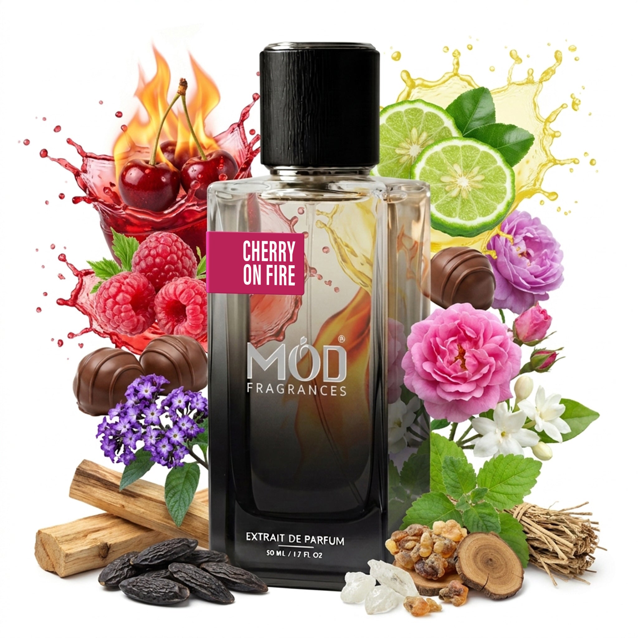 A glass perfume bottle by MOD Fragrances, labeled “Cherry on Fire” is surrounded by a vibrant artistic arrangement of its fragrance ingredients, including Burning Cherry, Raspberry and Bergamot, Praline, Heliotrope, Damask Rose and Jasmine Sambac, Palo Santo, Tonka Bean, Guaiac Wood, Peru Balsam, Ambrettolide, Patchouli and Haitian Vetiver.. against a white background.