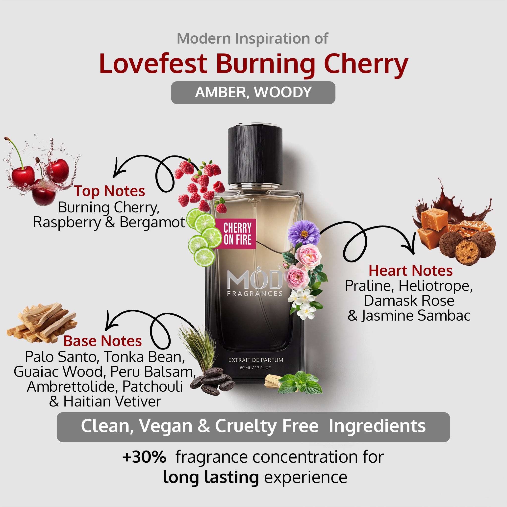 An informational graphic for MOD Fragrances' "Cherry on Fire" displays the bottle in the center, with arrows pointing to the top, heart, and base notes, listing ingredients like Burning Cherry, Raspberry and Bergamot, Praline, Heliotrope, Damask Rose and Jasmine Sambac, Palo Santo, Tonka Bean, Guaiac Wood, Peru Balsam, Ambrettolide, Patchouli and Haitian Vetiver., and highlighting its clean, vegan, and cruelty-free composition. Amber woody unisex fragrance Inspired by lovefest burning cherry.