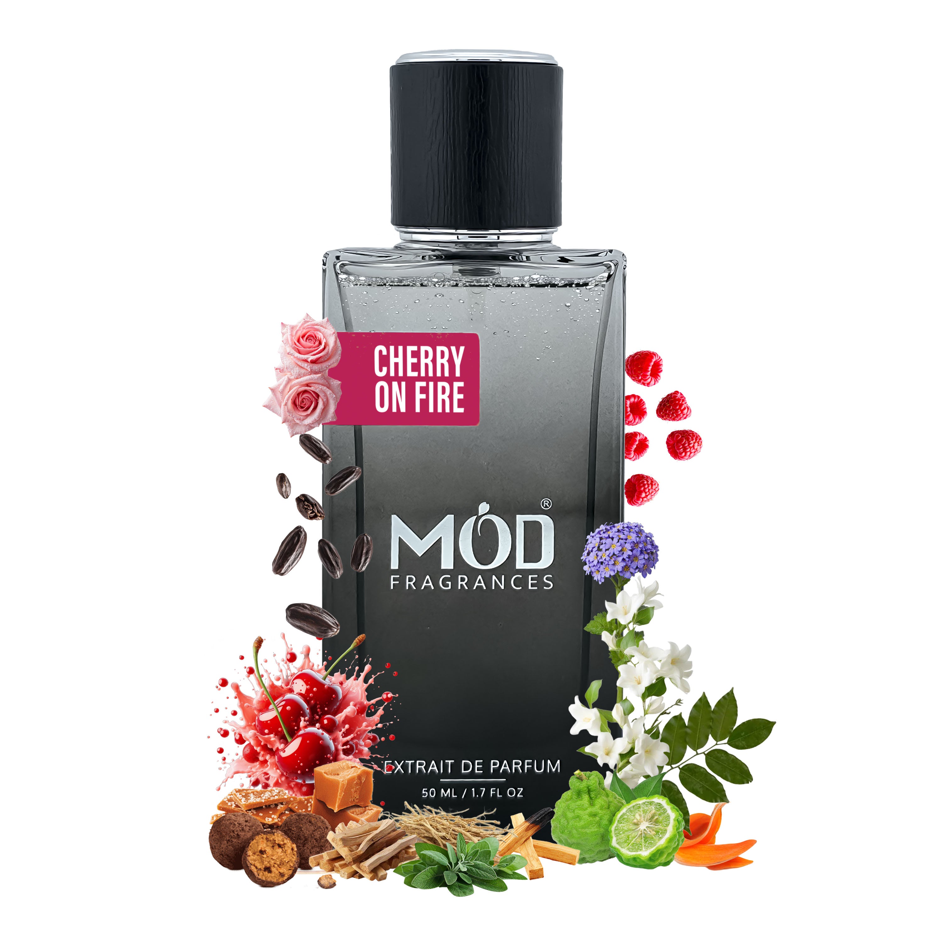 Inspired by Kayali Lovefest Burning Cherry Mod Fragrances Perfume Dupe Bottle surround by floral elements. 
