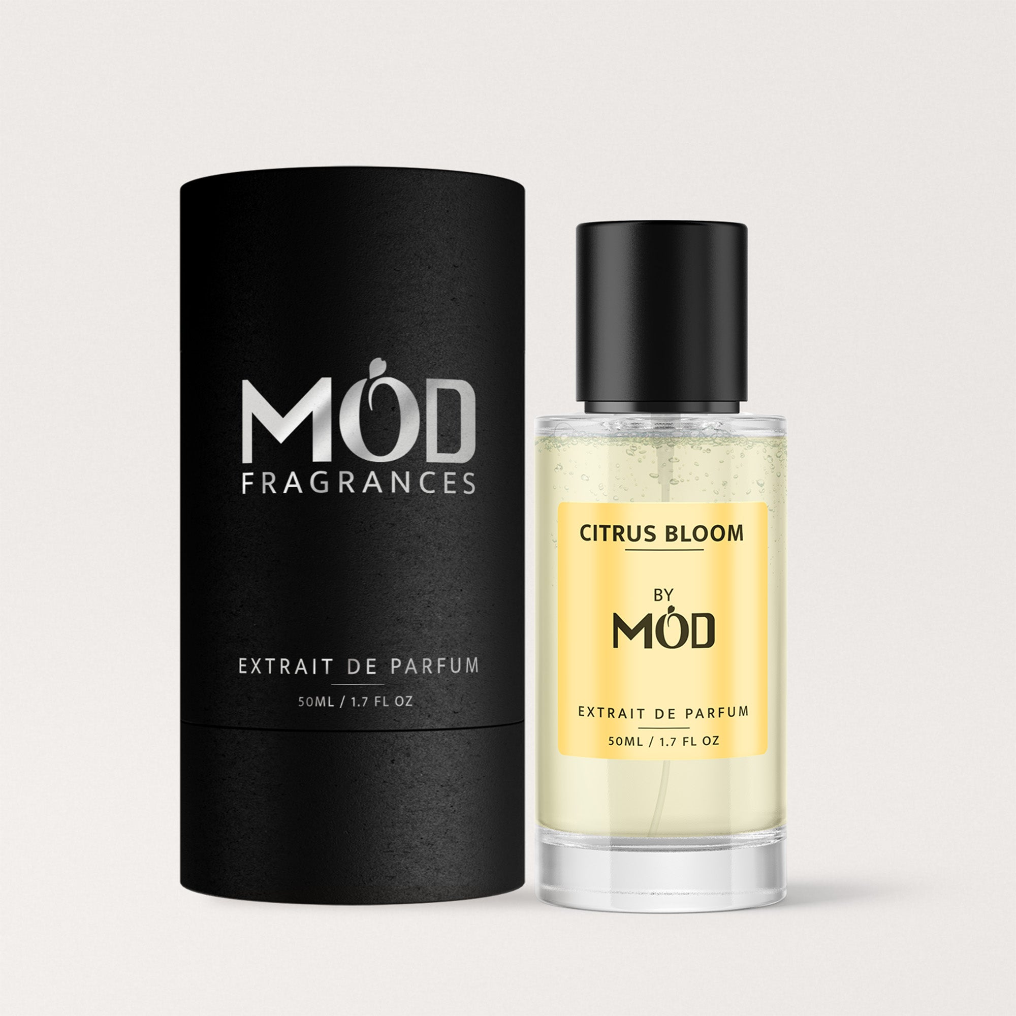 Perfume bottle and packaging of Möd Fragrances Citrus Bloom on a light gray background