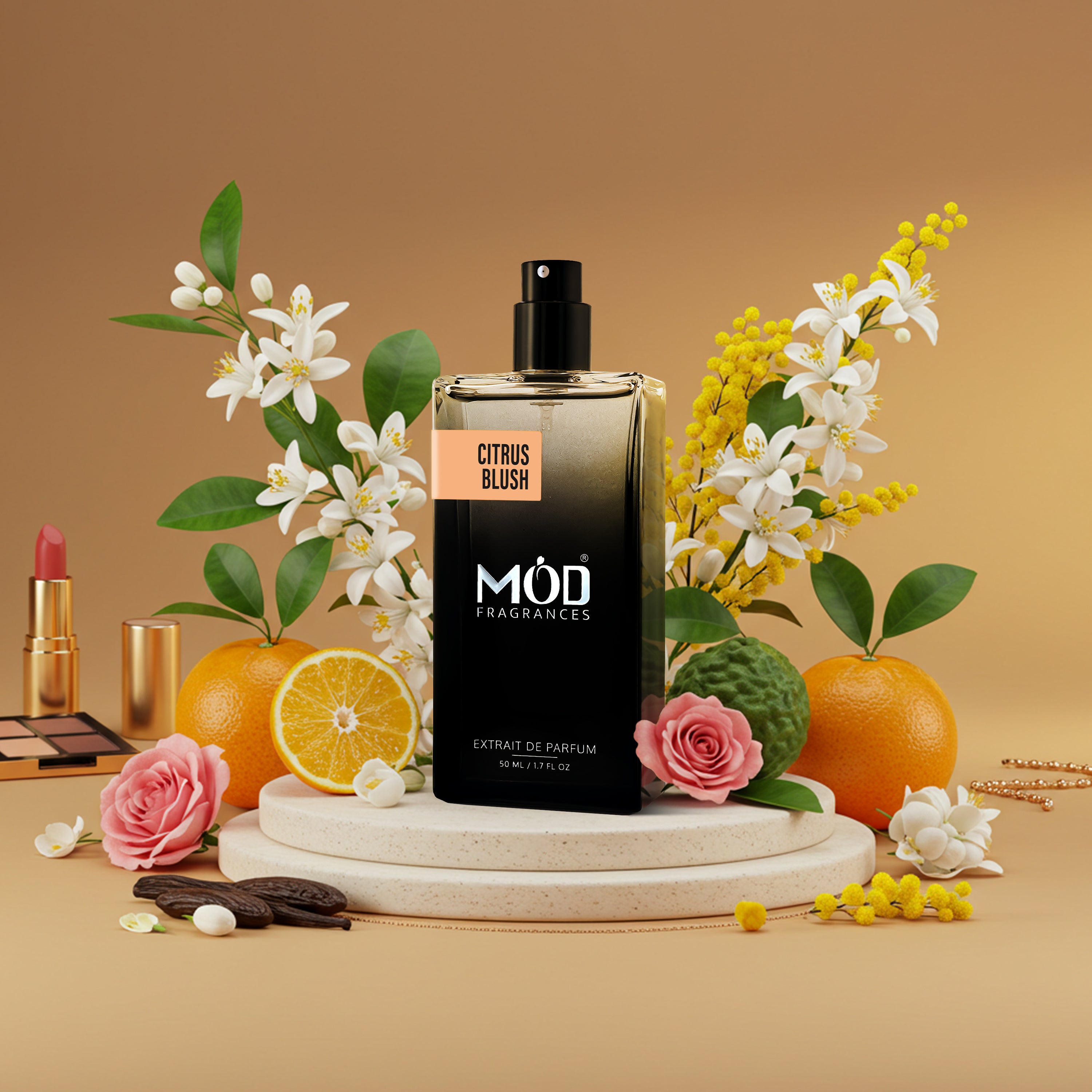 Möd Fragrances Citrus Blush perfume bottle with flowers and fruits on a beige background