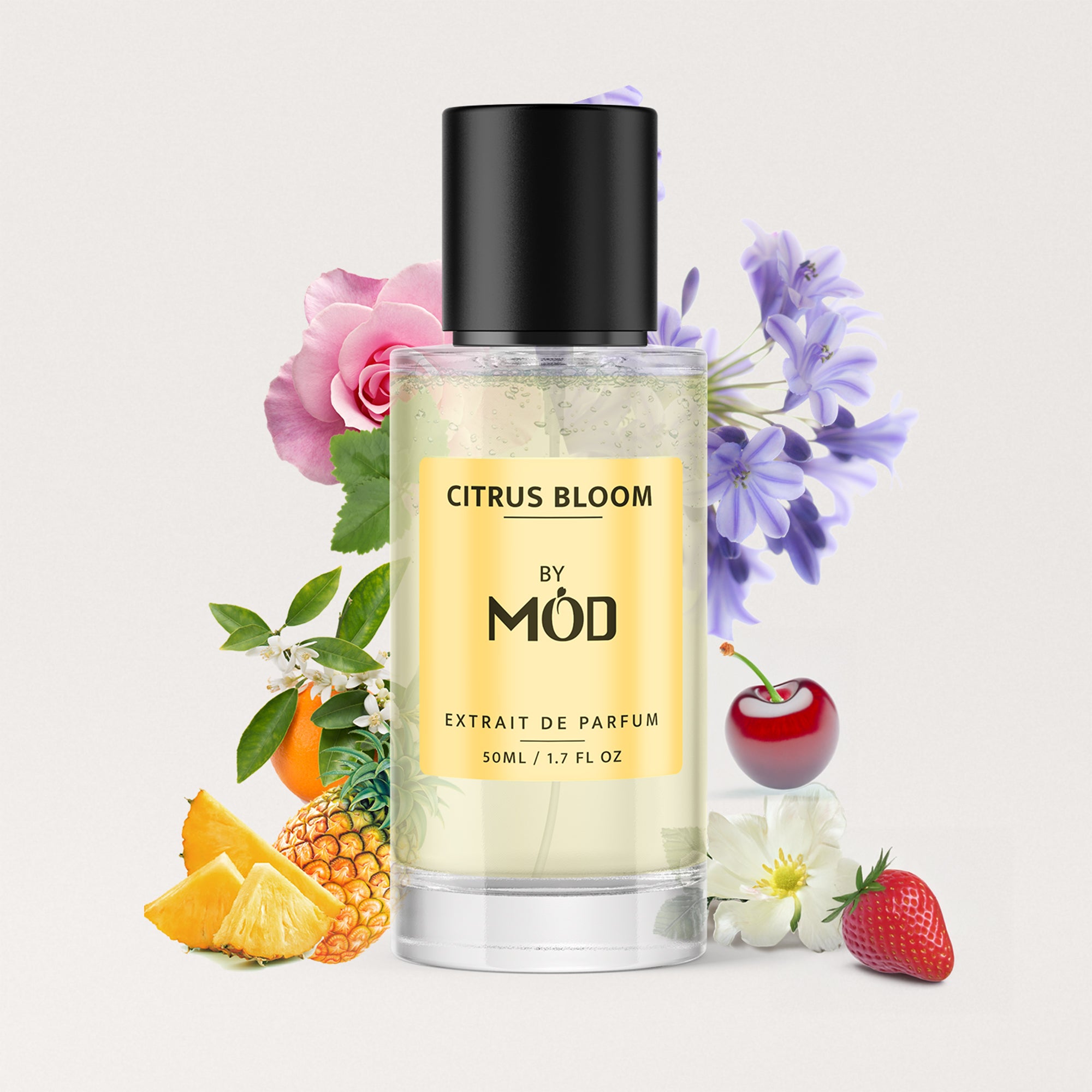 Bottle of 'Citrus Bloom' by Möd with floral and fruit elements on a light background