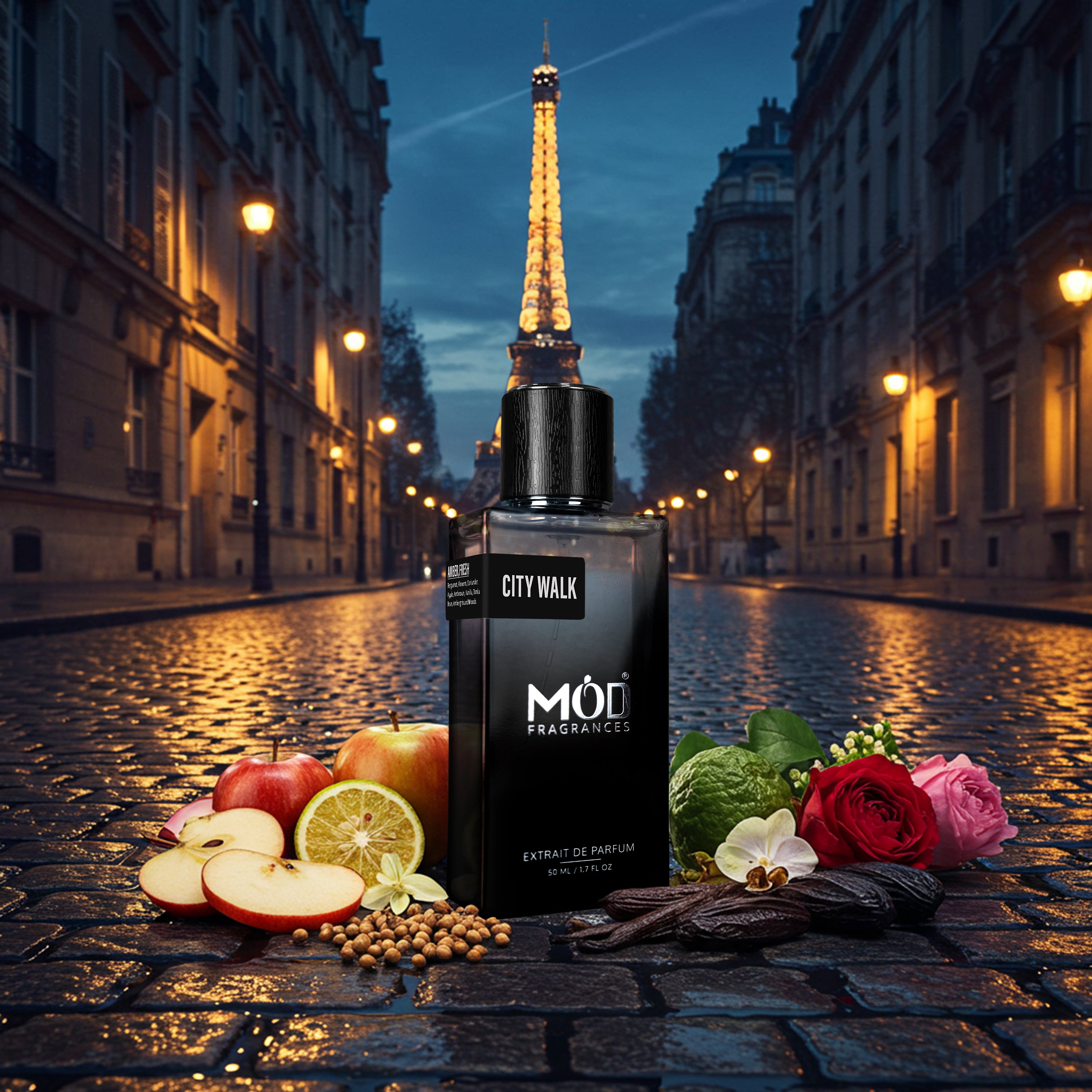Möd Parfums City Walk perfume bottle on a Parisian street with Eiffel Tower in the background
