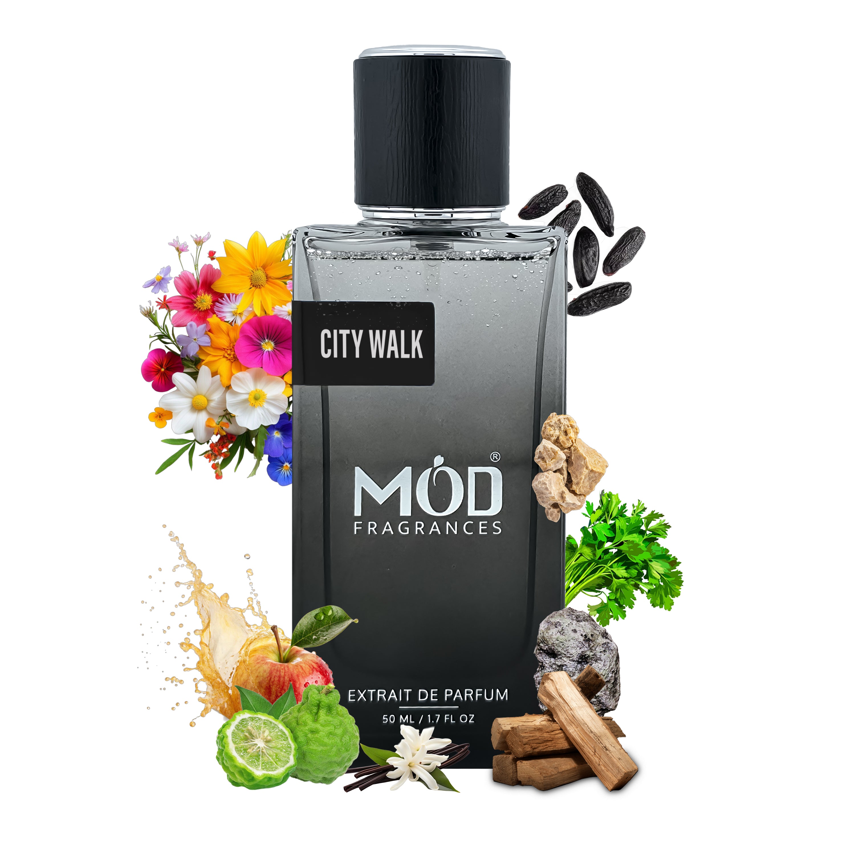 Perfume bottle labeled 'City Walk' by MOD Fragrances with floral, fruit, and natural elements on a white background.