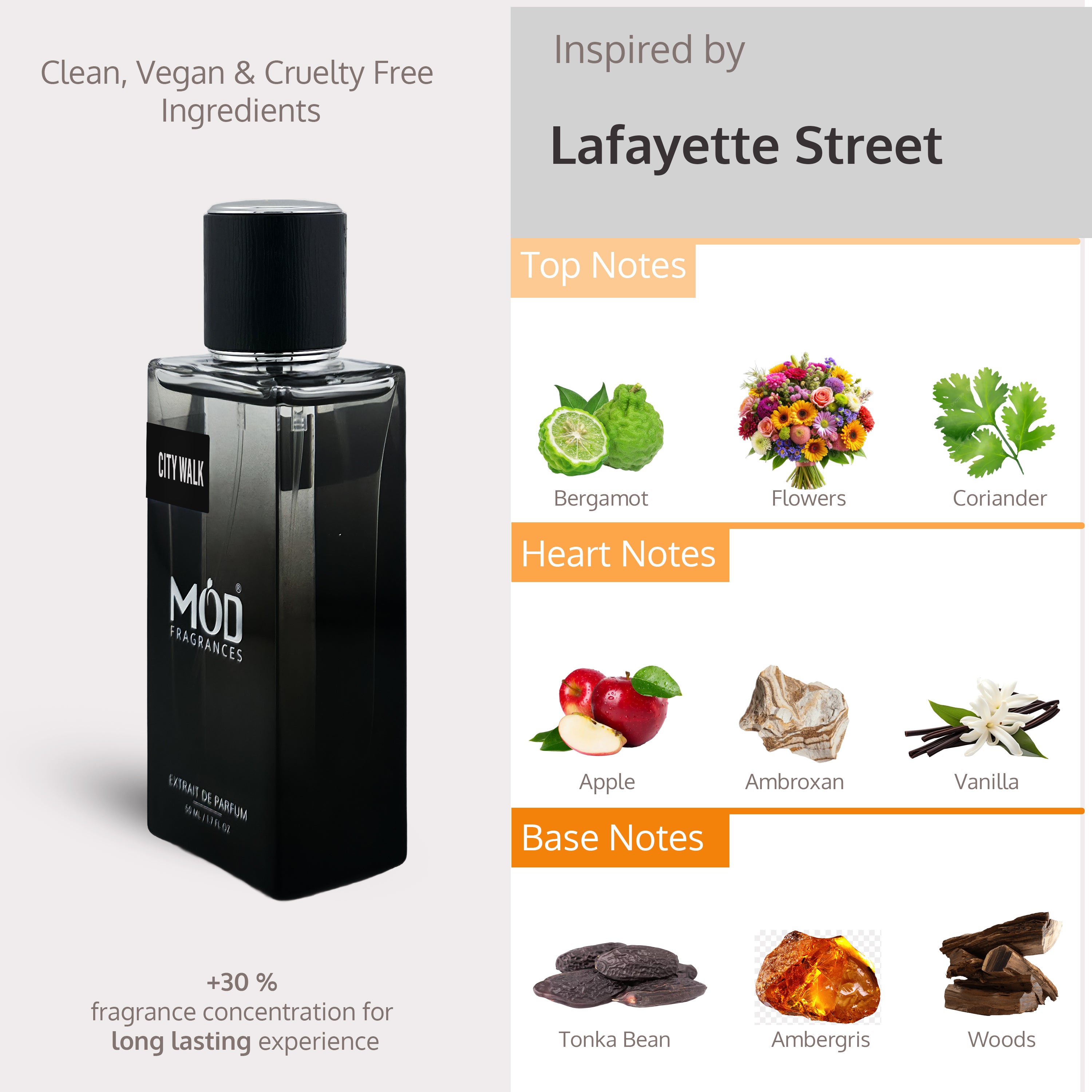 Black perfume bottle with product details on a white background