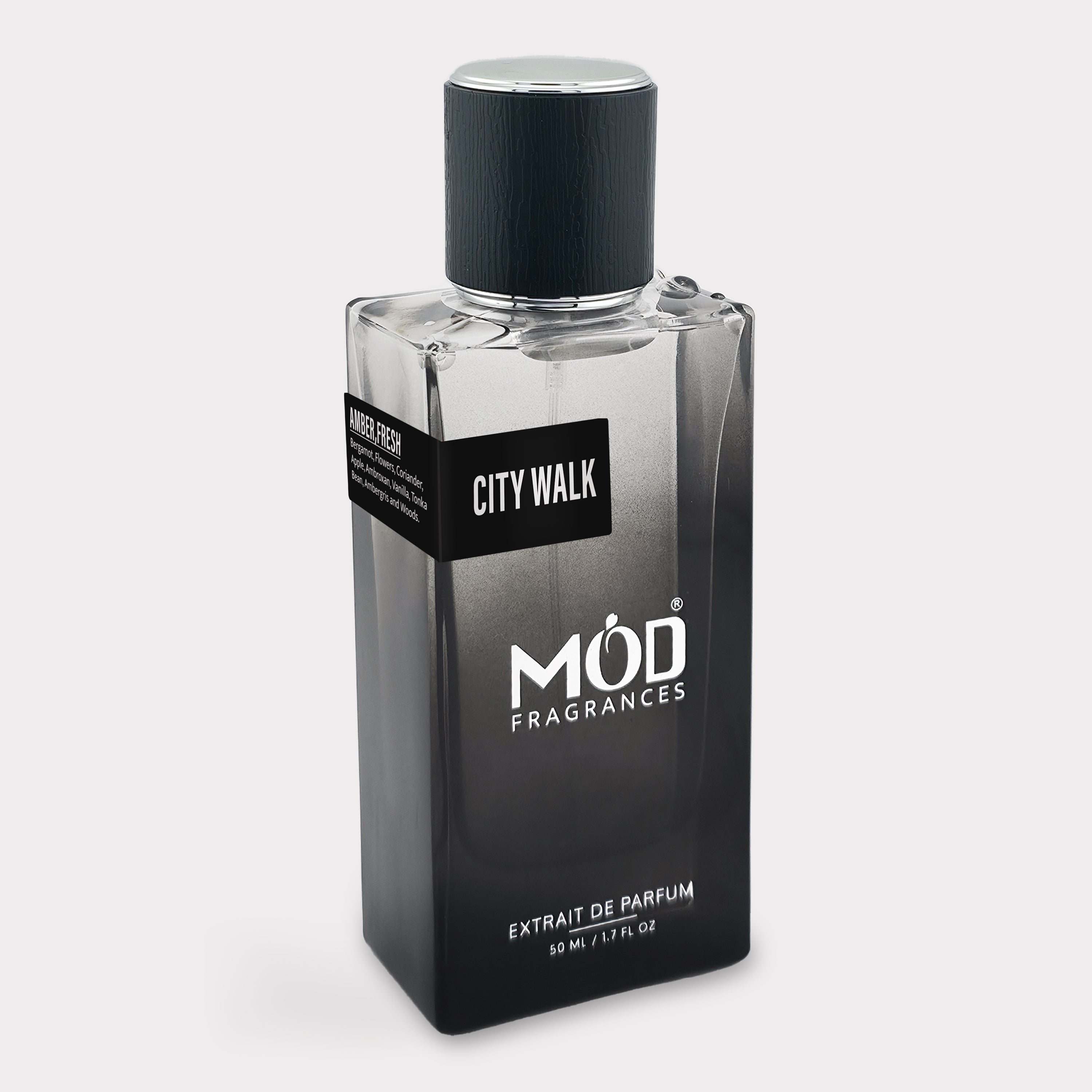 Perfume bottle labeled 'City Walk' by 'MOD Fragrances' on a light gray background